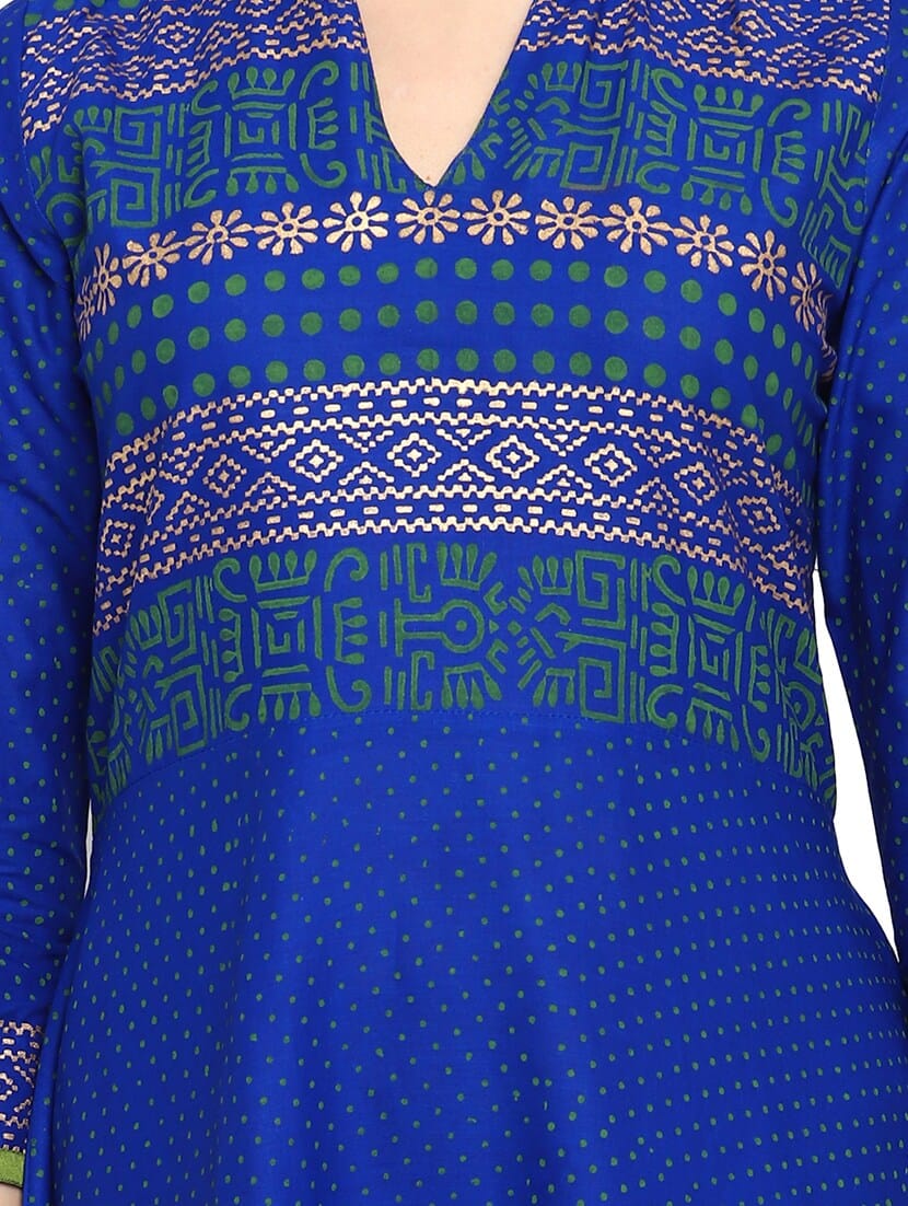 Women's Blue Cotton Printed Anarkali Kurti - Taantav