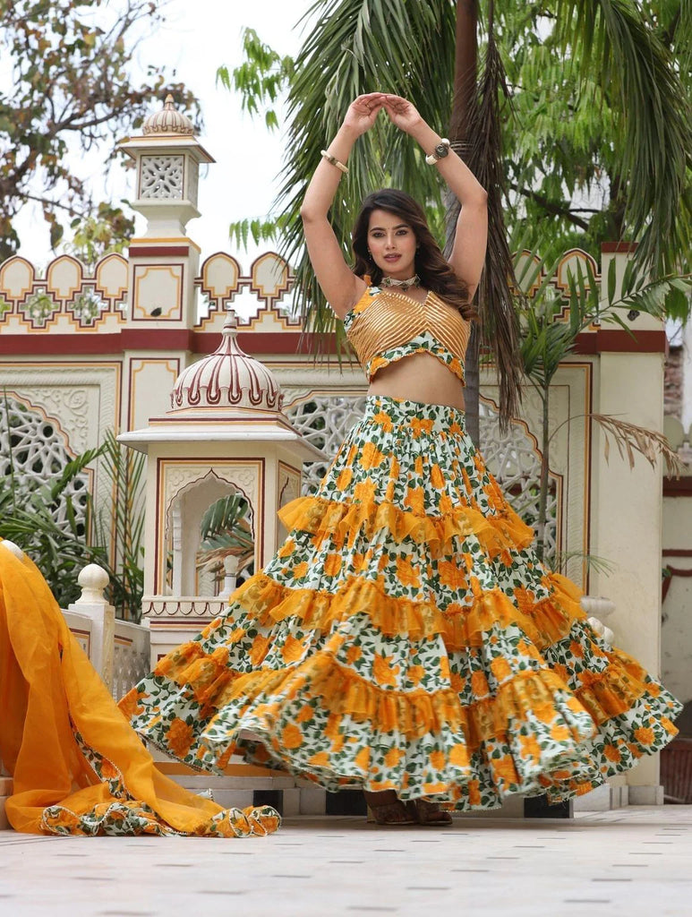 Women's Boltonia Yellow Ferrel Cotton Lehenga