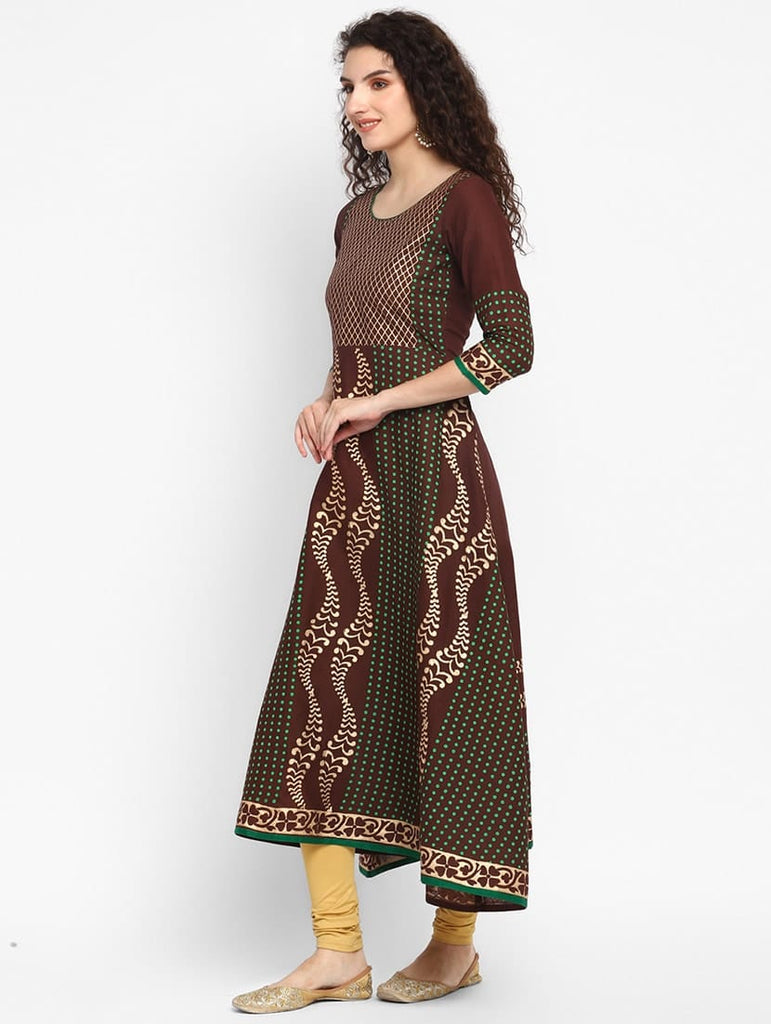 Women's Brown Cotton Printed Anarkali Kurti