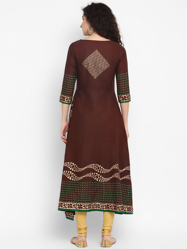Women's Brown Cotton Printed Anarkali Kurti