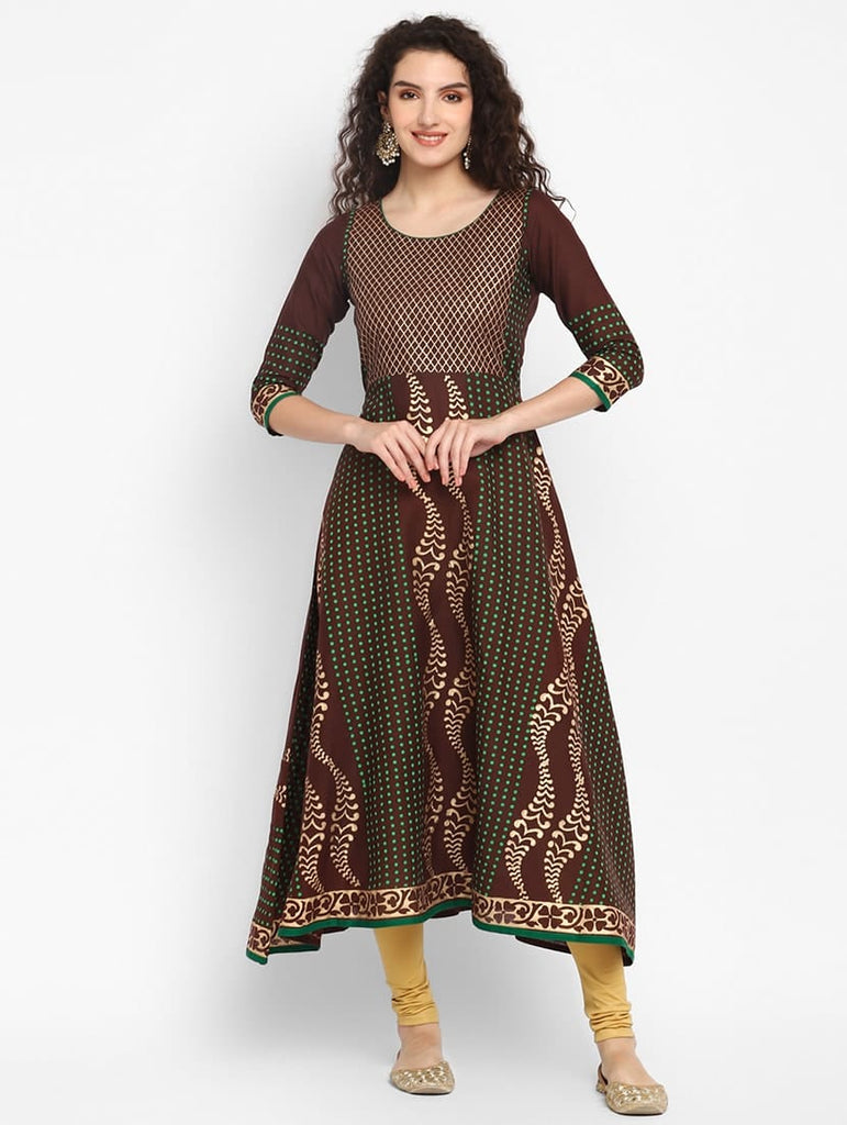 Women's Brown Cotton Printed Anarkali Kurti