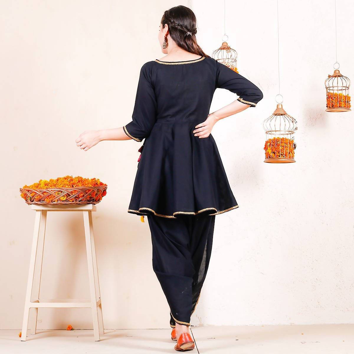 Women's Black Dhoti Peplum Top Set With Multicolour Tassels