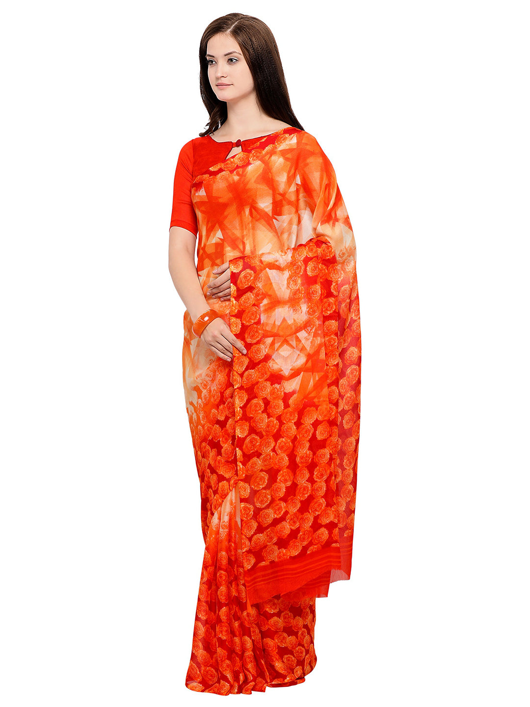Women's Orange Chiffon Floral Print Saree - Ahika