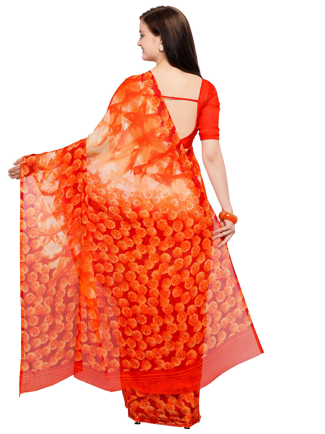 Women's Orange Chiffon Floral Print Saree - Ahika