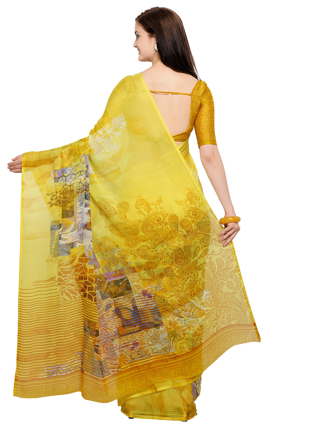 Women's Yellow Chiffon Floral Print Saree - Ahika