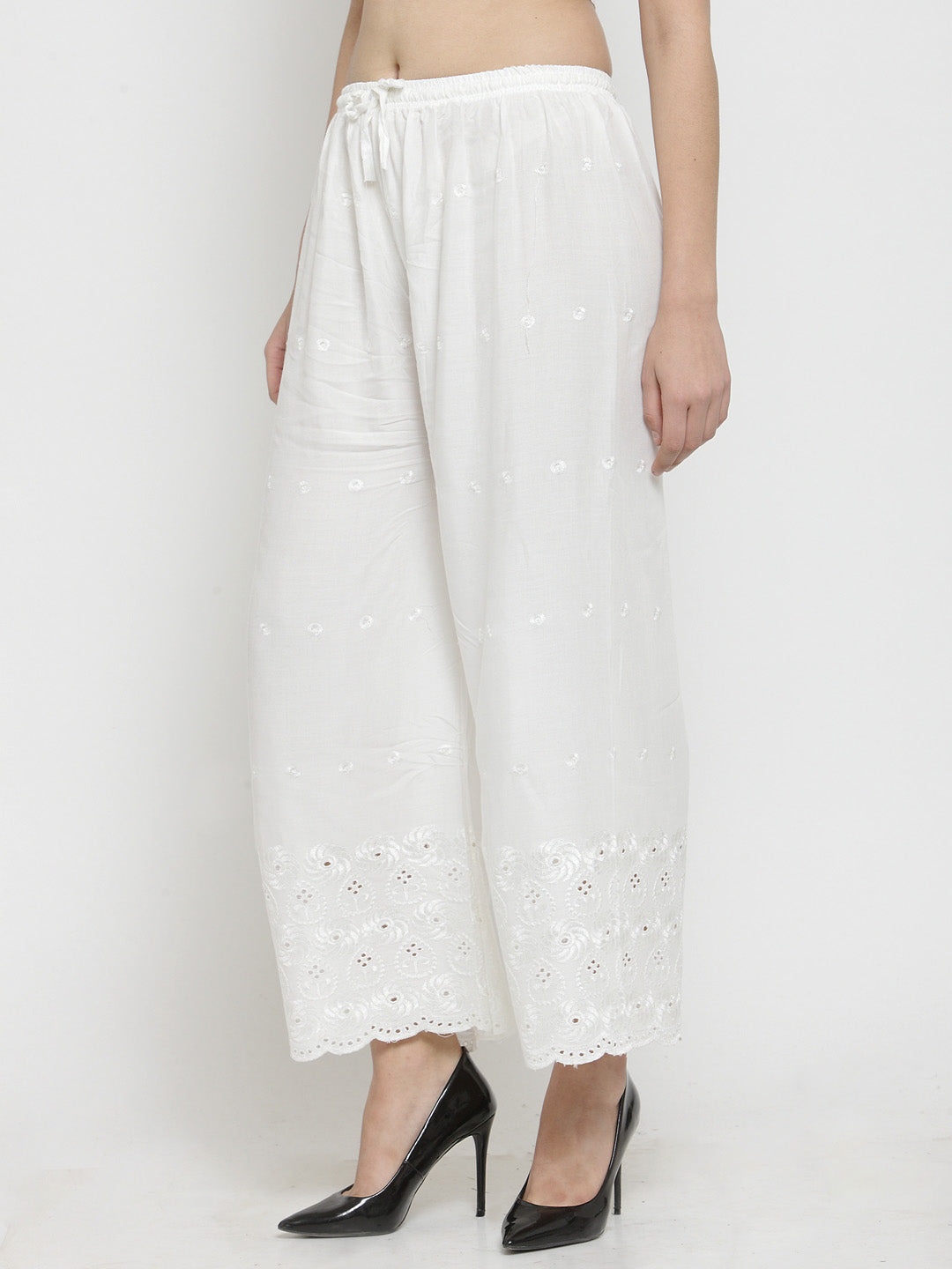 Women's White Chikankari Rayon Palazzo