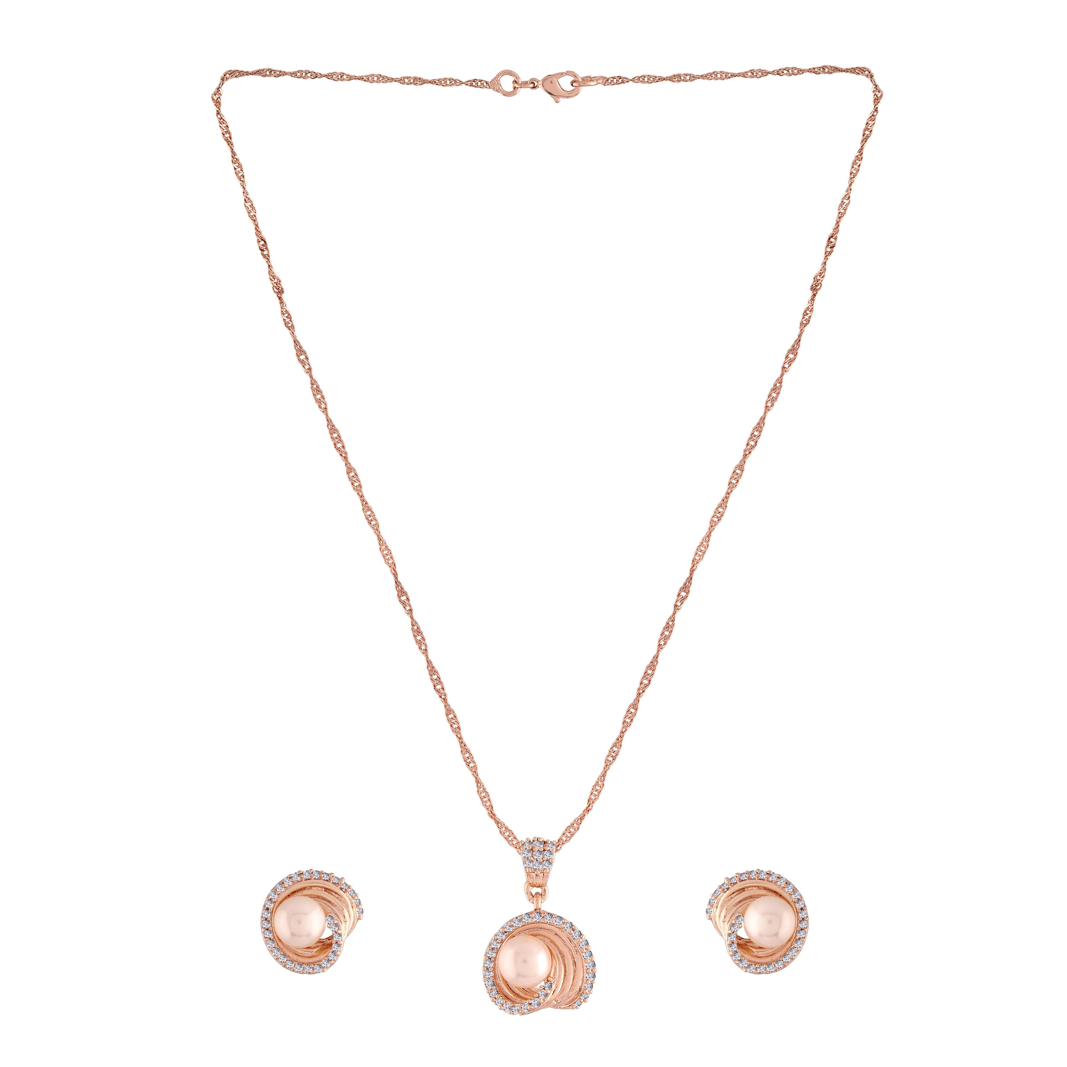 Women's 18k Rose Gold Plated Pearl & Cubic Zirconia Twisted Pendant Necklace Set with Earrings