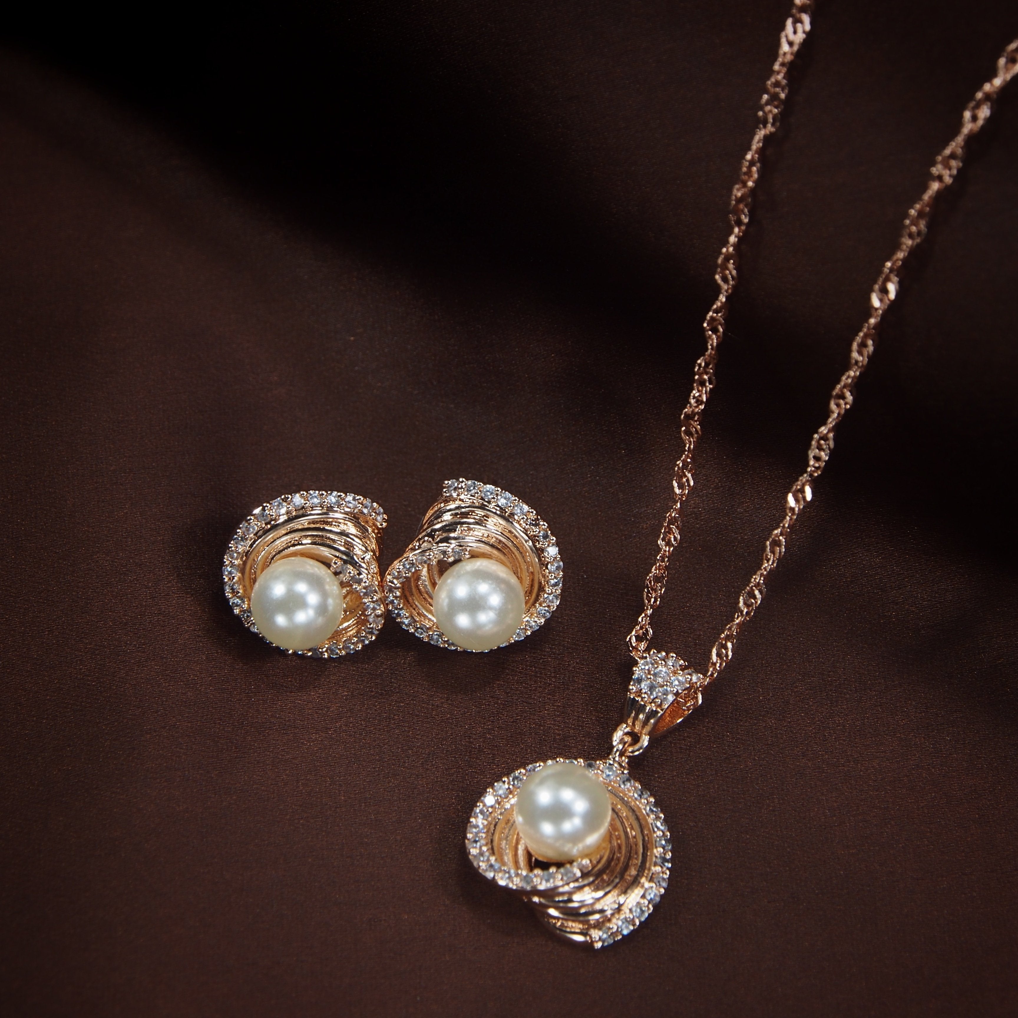 Women's 18k Rose Gold Plated Pearl & Cubic Zirconia Twisted Pendant Necklace Set with Earrings