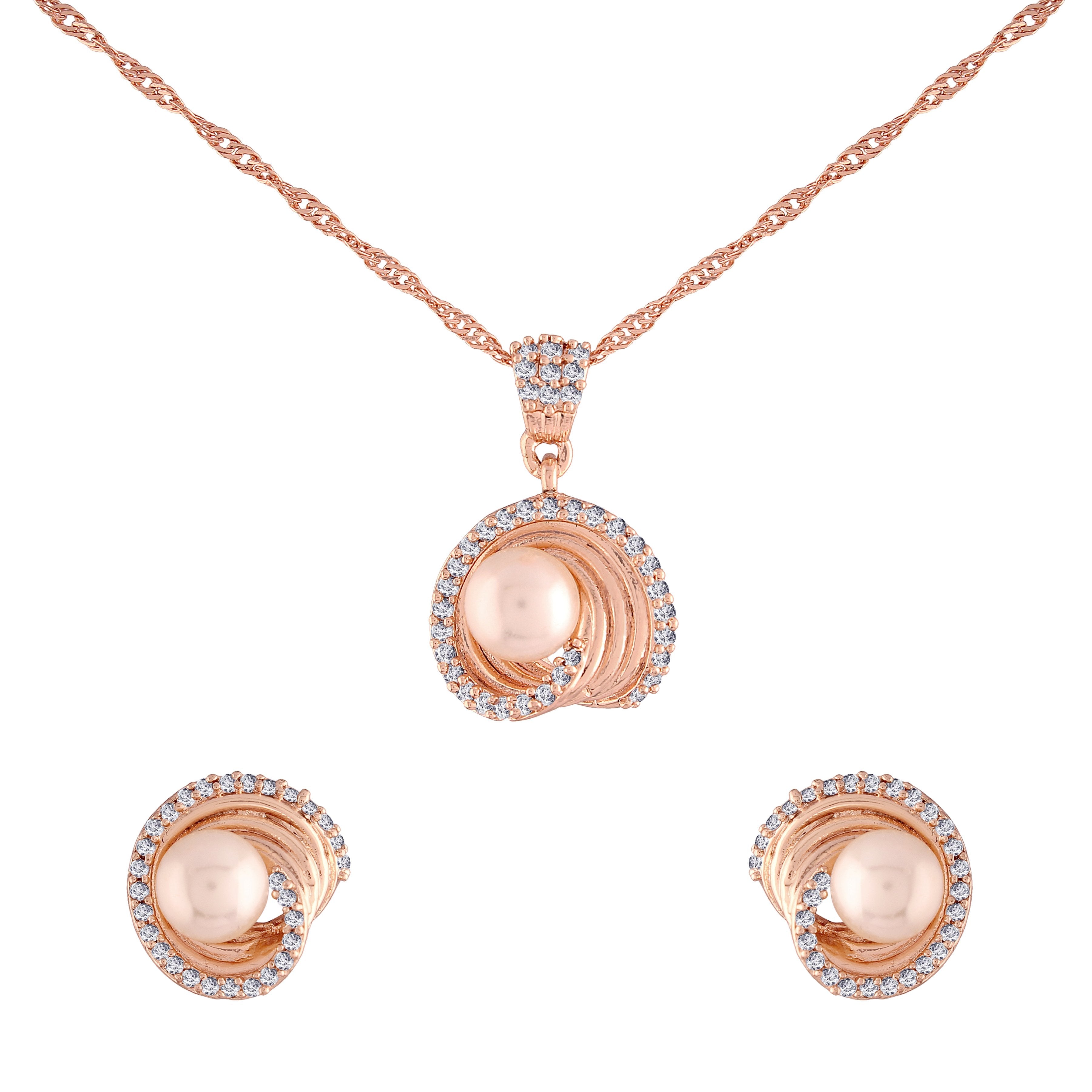 Women's 18k Rose Gold Plated Pearl & Cubic Zirconia Twisted Pendant Necklace Set with Earrings