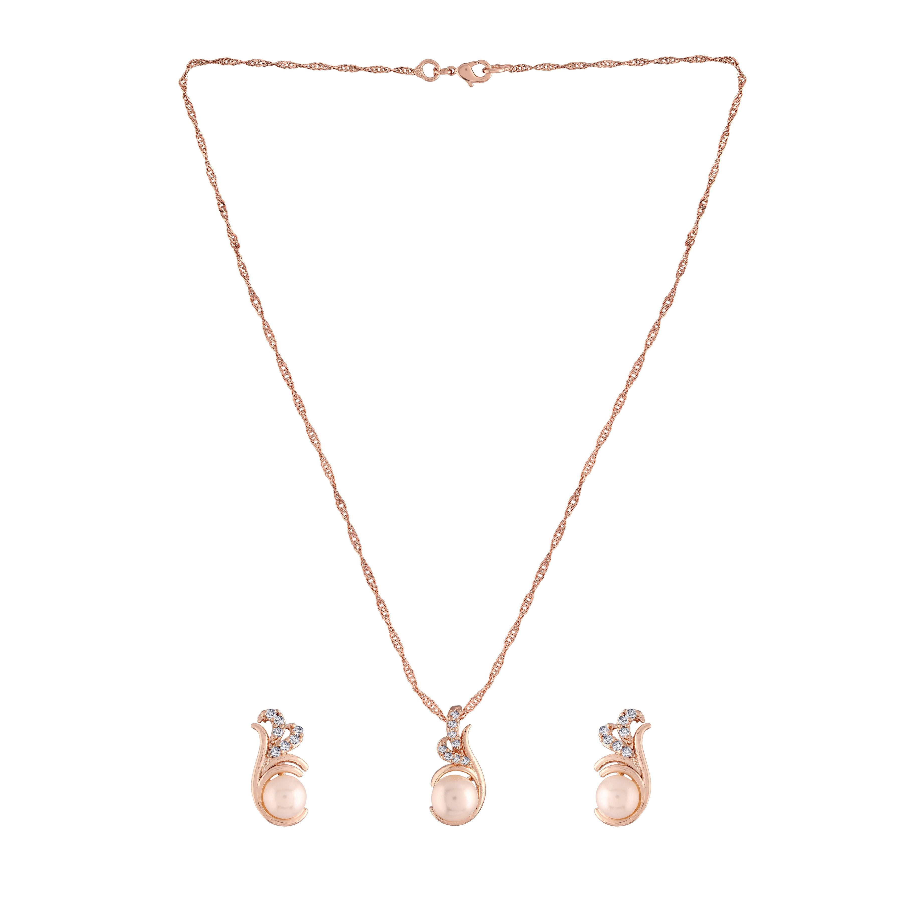 Women's 18k Rose Gold Plated Pearl & Cubic Zirconia Twisted Pendant Necklace Set with Earrings