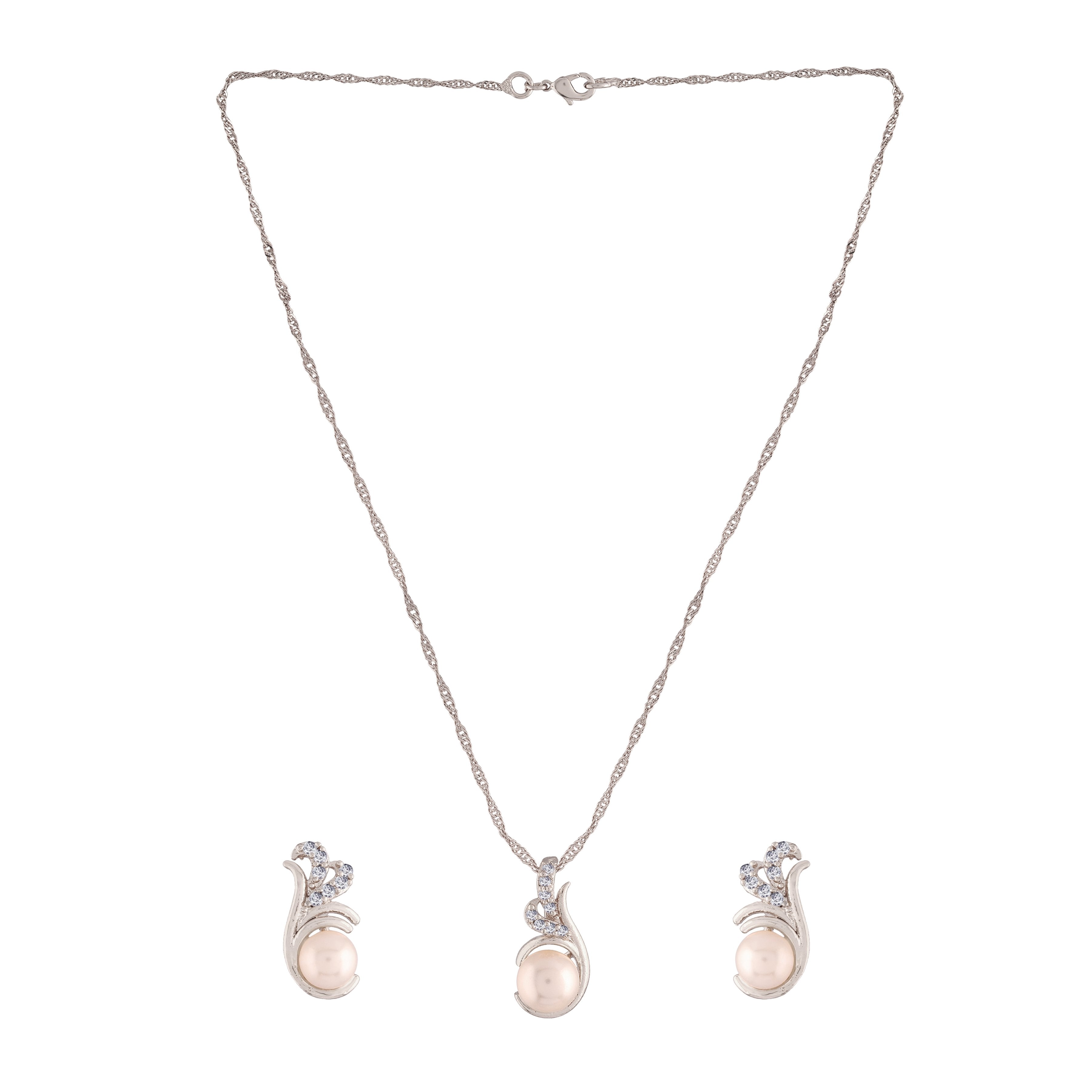 Women's 18k Rhodium Plated Pearl & Cubic Zirconia Twisted Pendant Necklace Set with Earrings