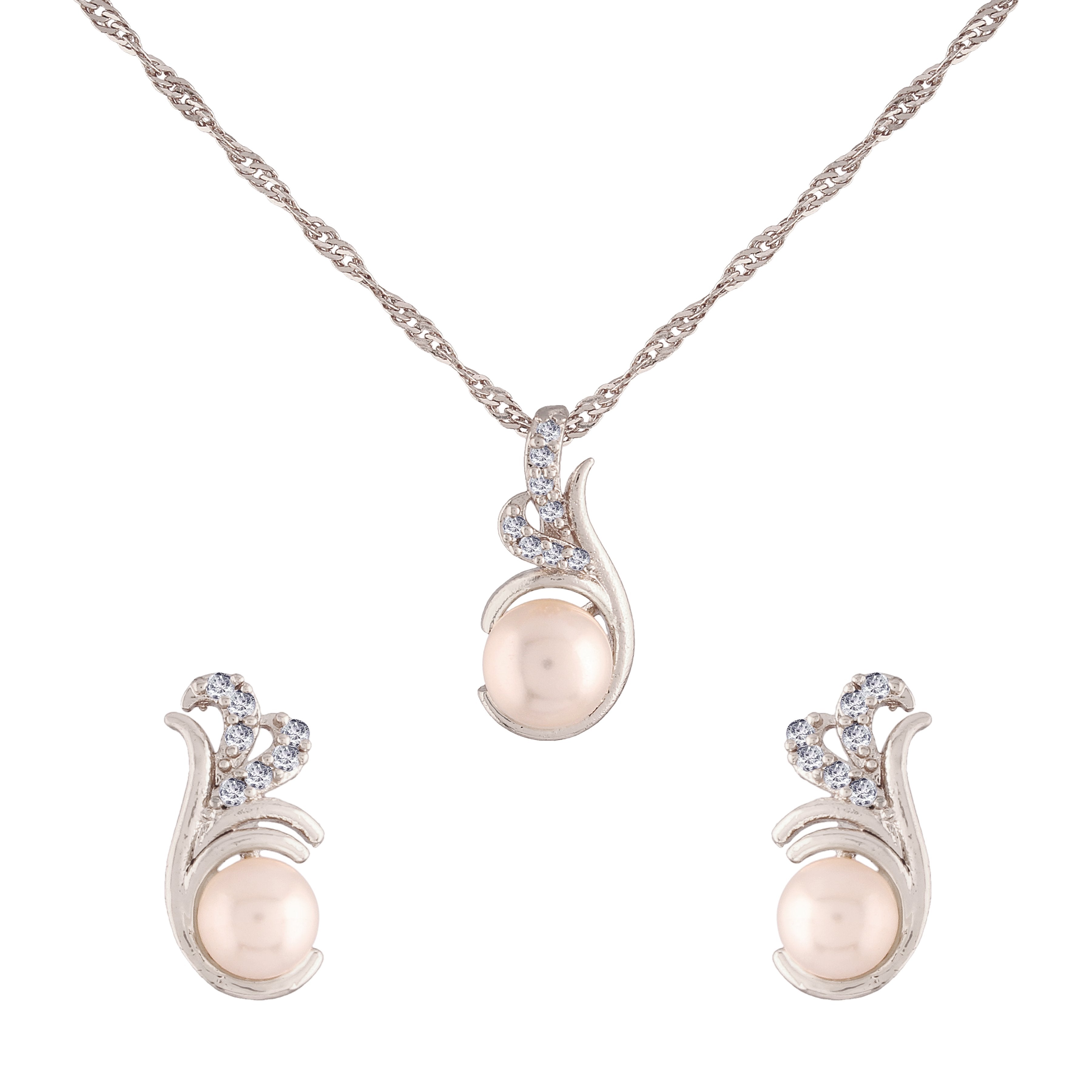 Women's 18k Rhodium Plated Pearl & Cubic Zirconia Twisted Pendant Necklace Set with Earrings