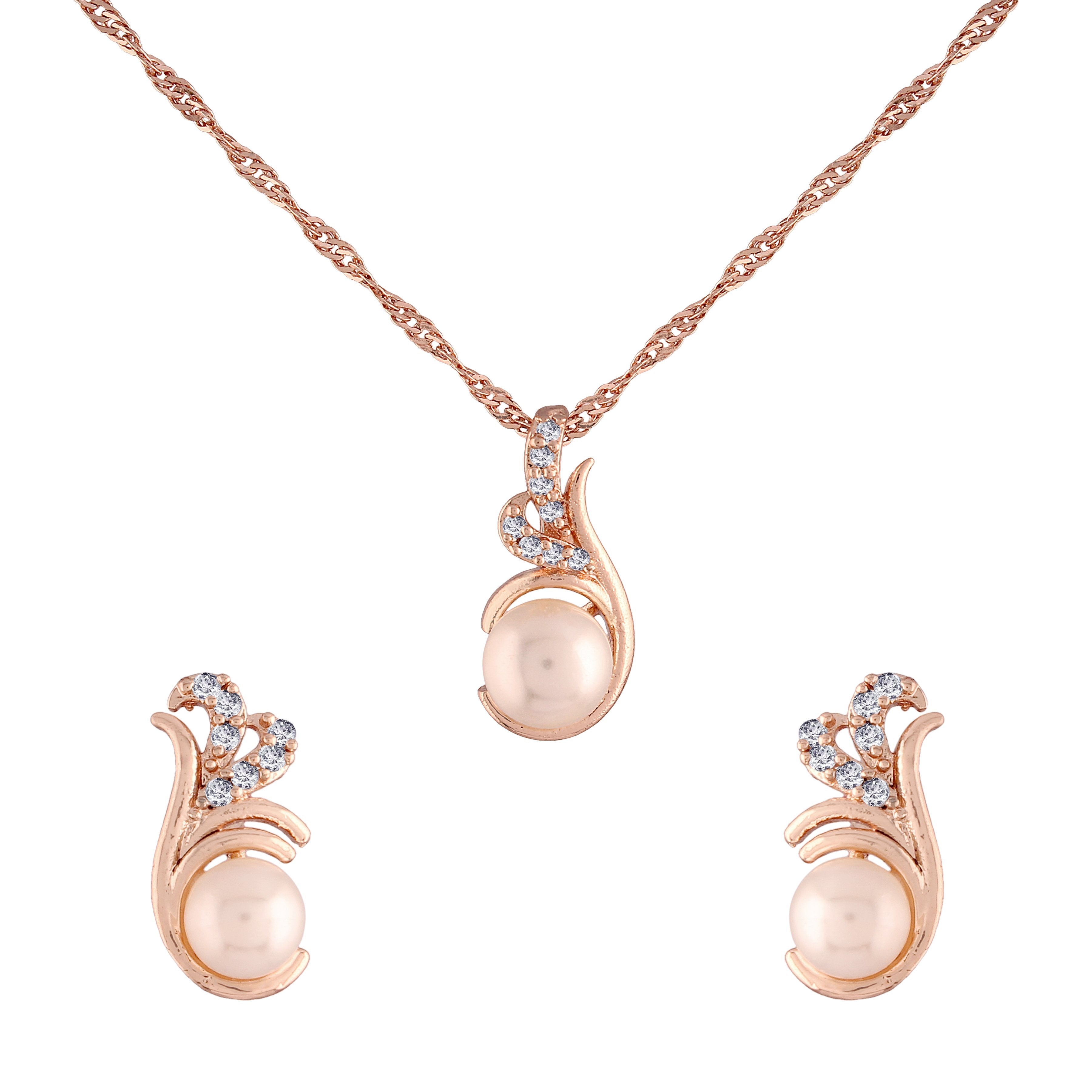 Women's 18k Rose Gold Plated Pearl & Cubic Zirconia Twisted Pendant Necklace Set with Earrings