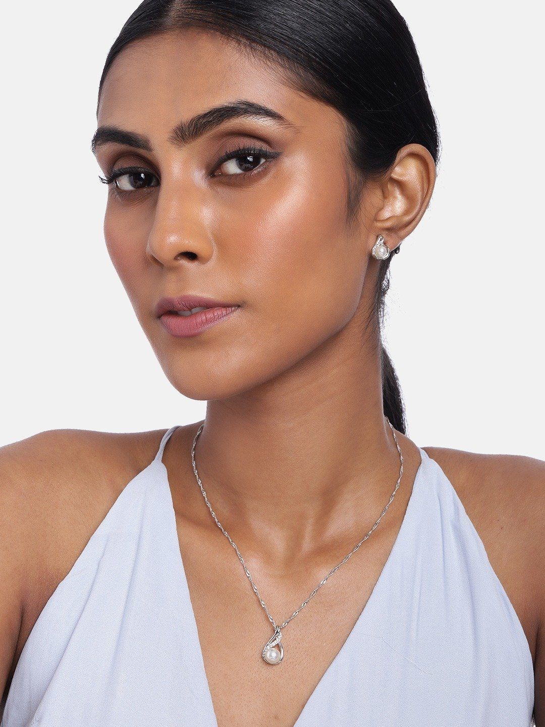 Women's 18k Rhodium Plated Pearl & Cubic Zirconia Twisted Pendant Necklace Set with Earrings