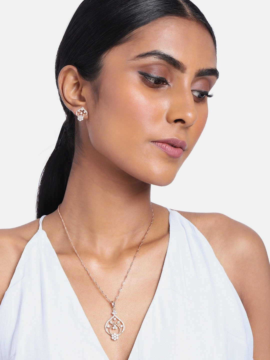 Women's 18k Rose Gold Plated Pearl & Cubic Zirconia Twisted Pendant Necklace Set with Earrings