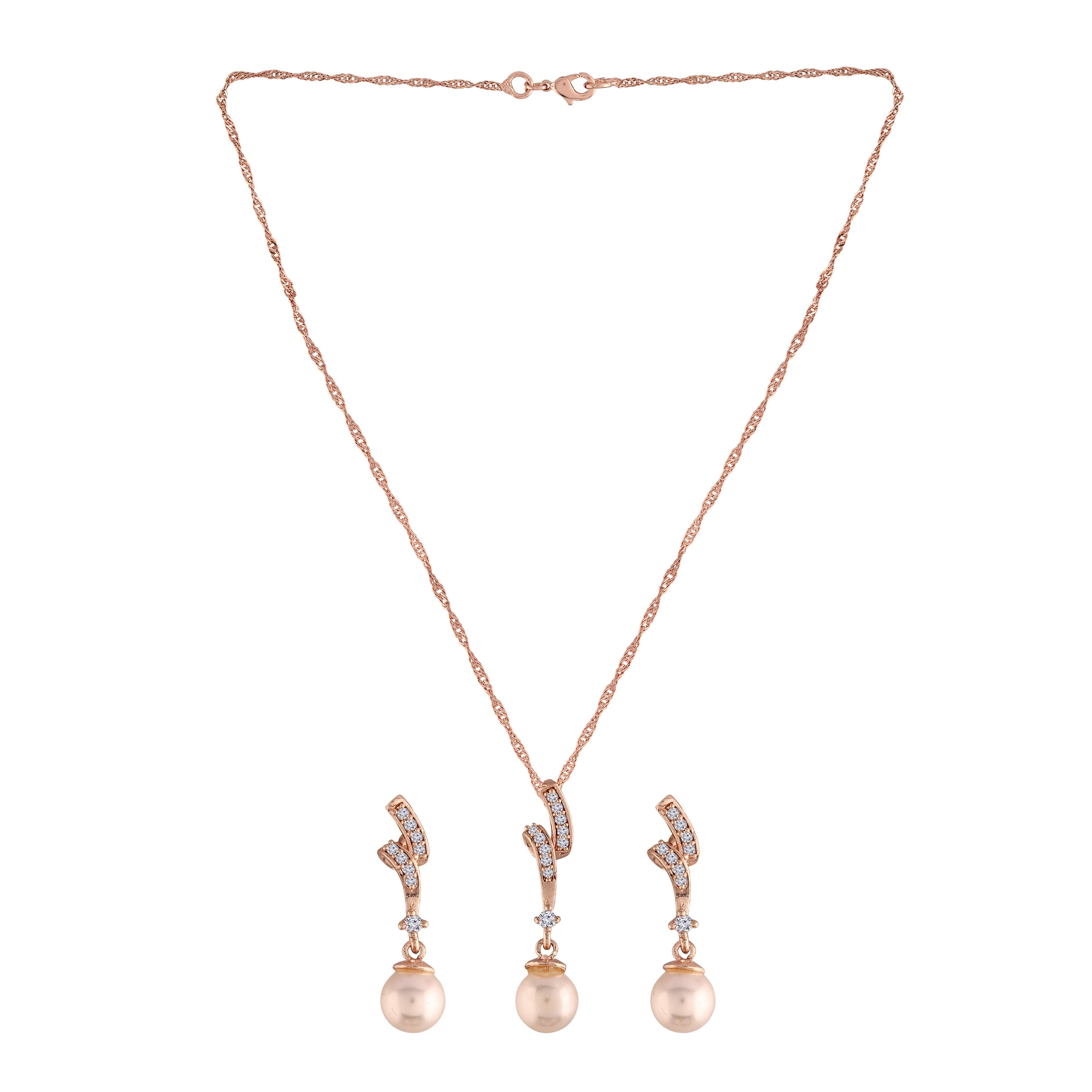Women's 18k Rose Gold Plated Pearl & Cubic Zirconia Twisted Pendant Necklace Set with Earrings