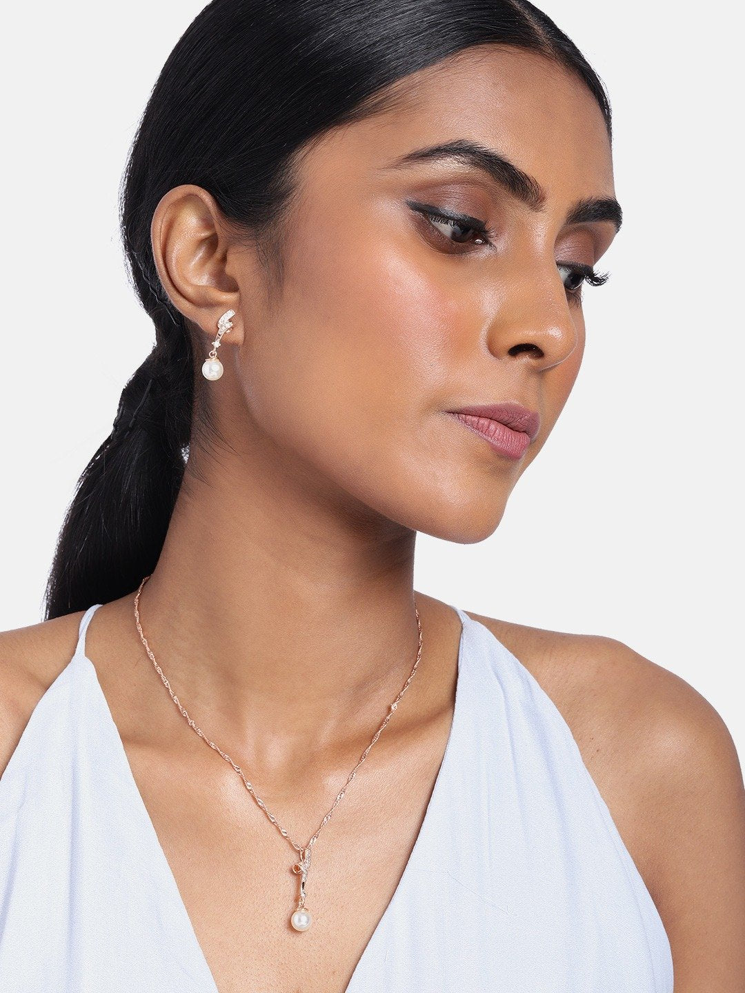 Women's 18k Rose Gold Plated Pearl & Cubic Zirconia Twisted Pendant Necklace Set with Earrings