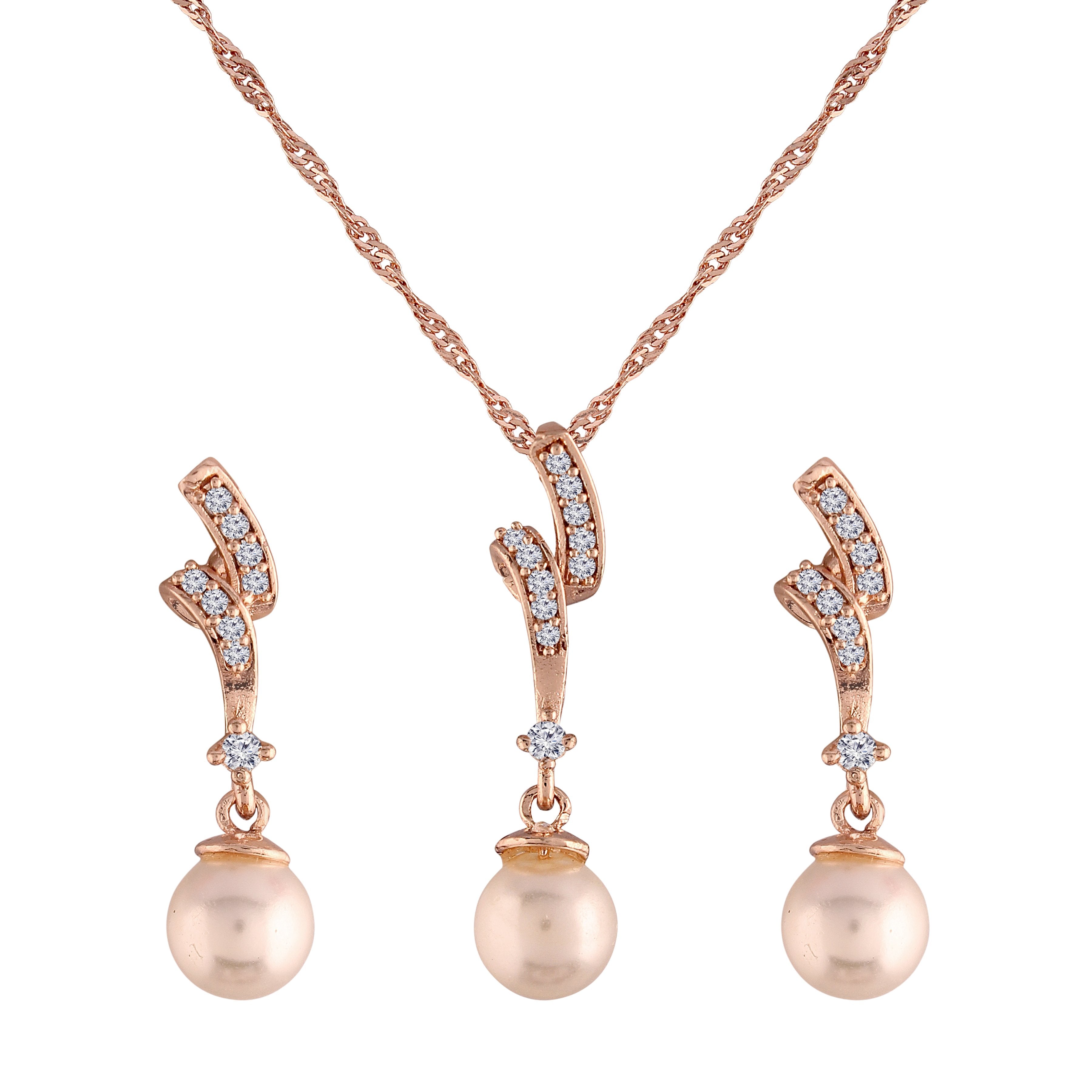 Women's 18k Rose Gold Plated Pearl & Cubic Zirconia Twisted Pendant Necklace Set with Earrings