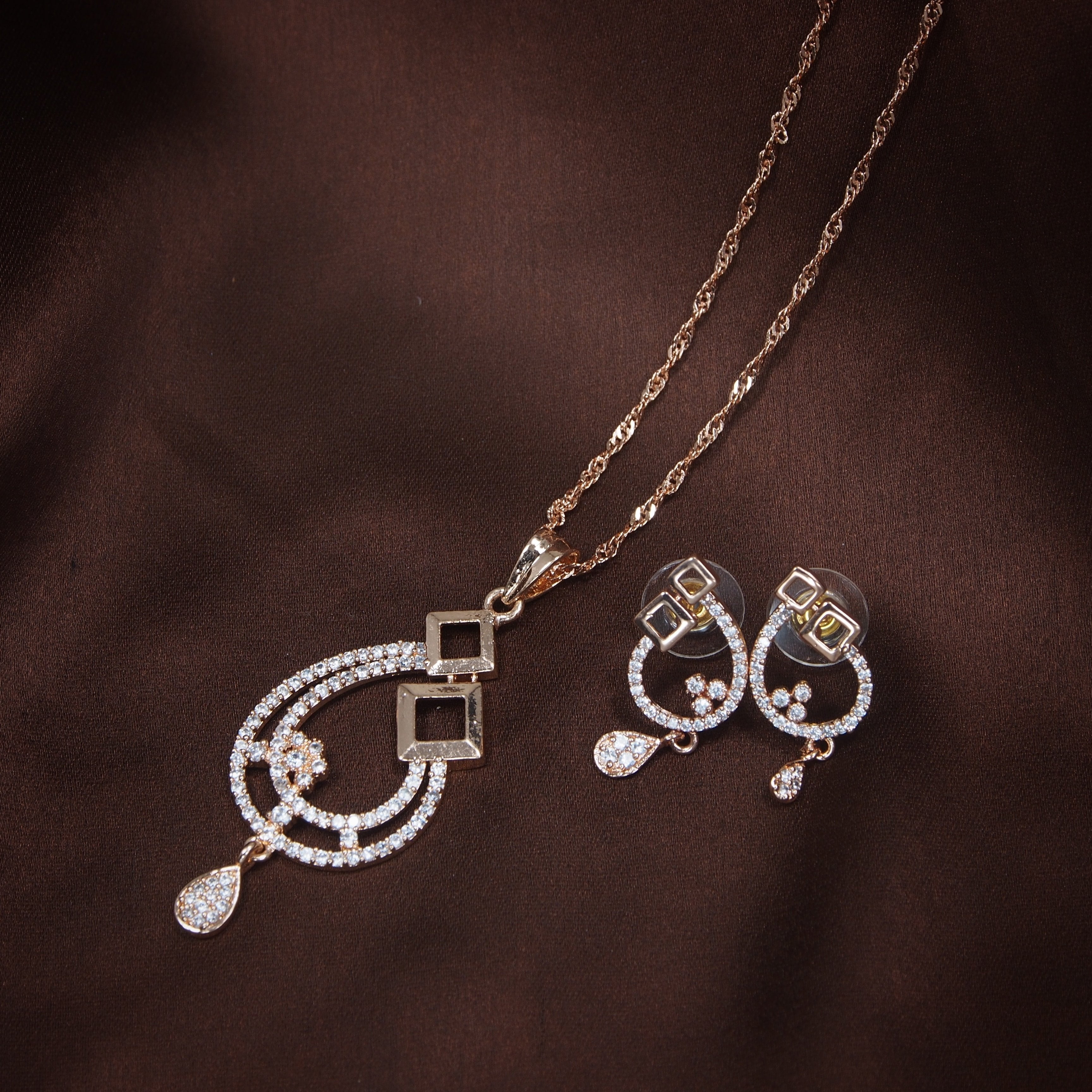 Women's 18k Rose Gold Plated Pearl & Cubic Zirconia Twisted Pendant Necklace Set with Earrings