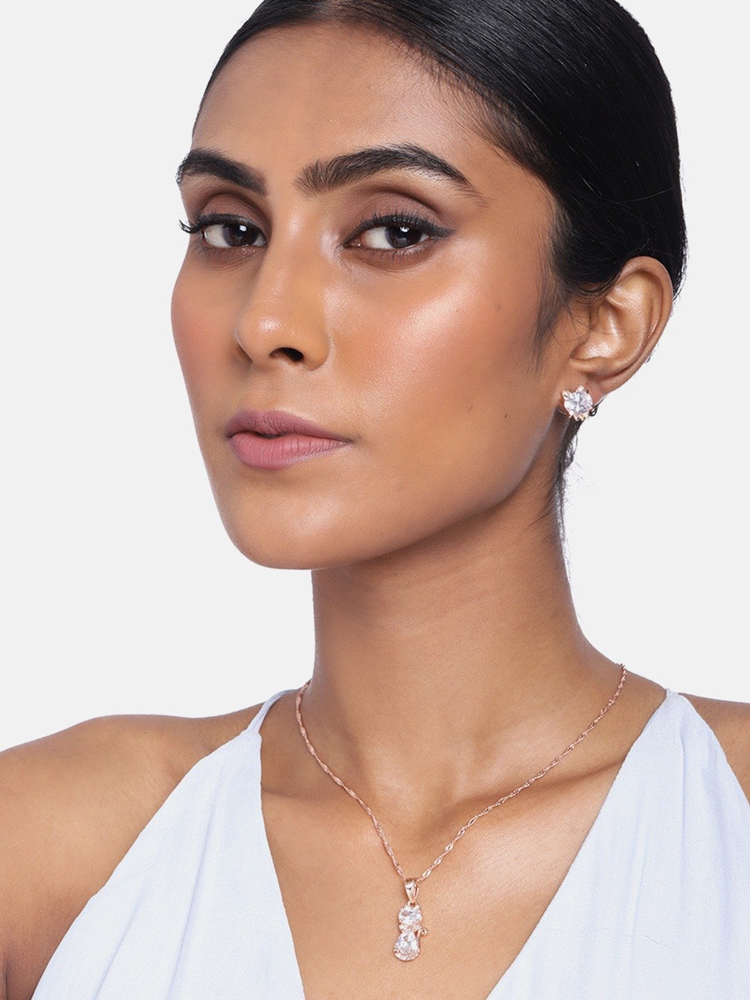 Women's 18k Rose Gold Plated Pearl & Cubic Zirconia Twisted Pendant Necklace Set with Earrings