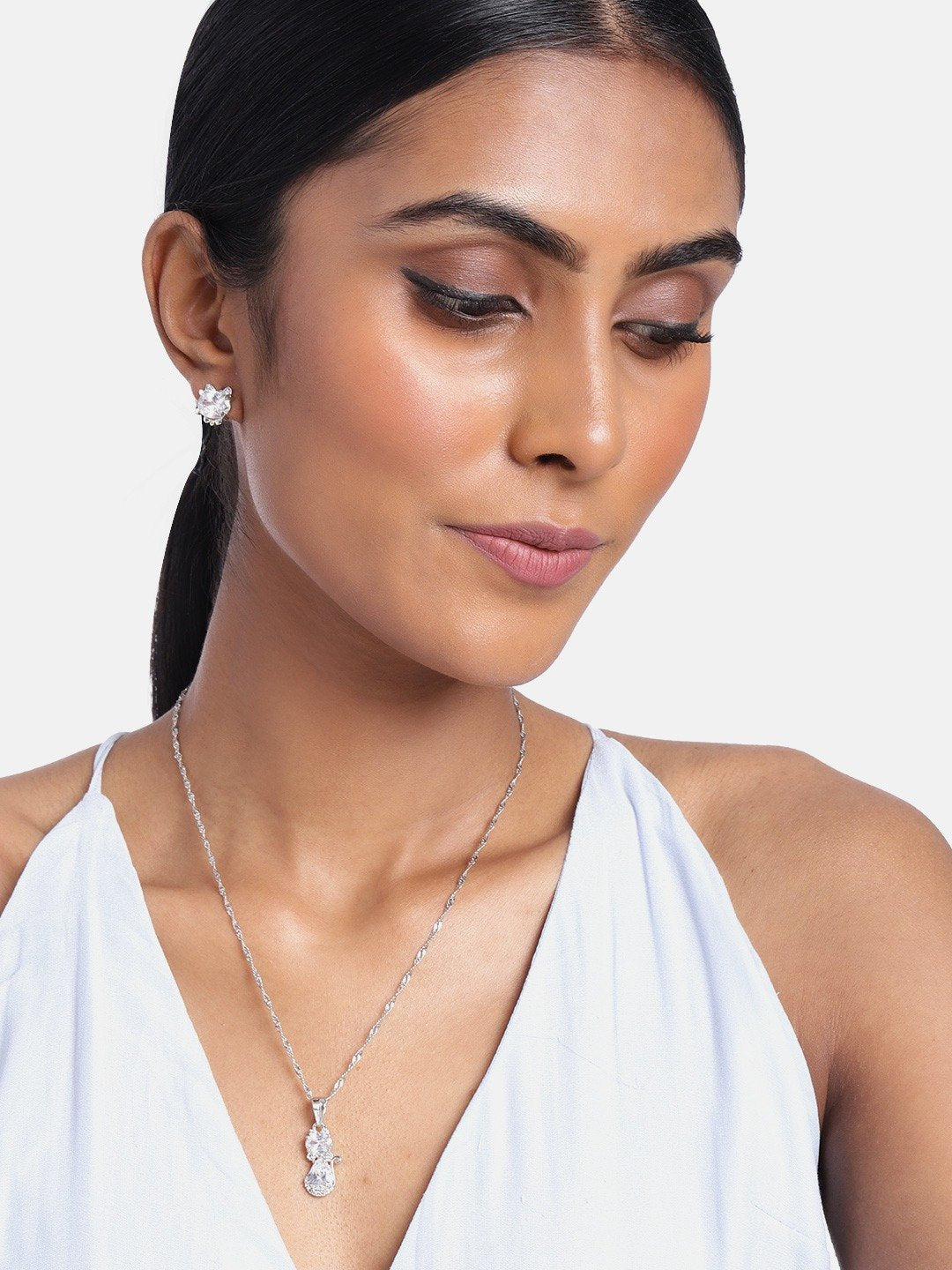 Women's 18k Rhodium Plated Pearl & Cubic Zirconia Twisted Pendant Necklace Set with Earrings
