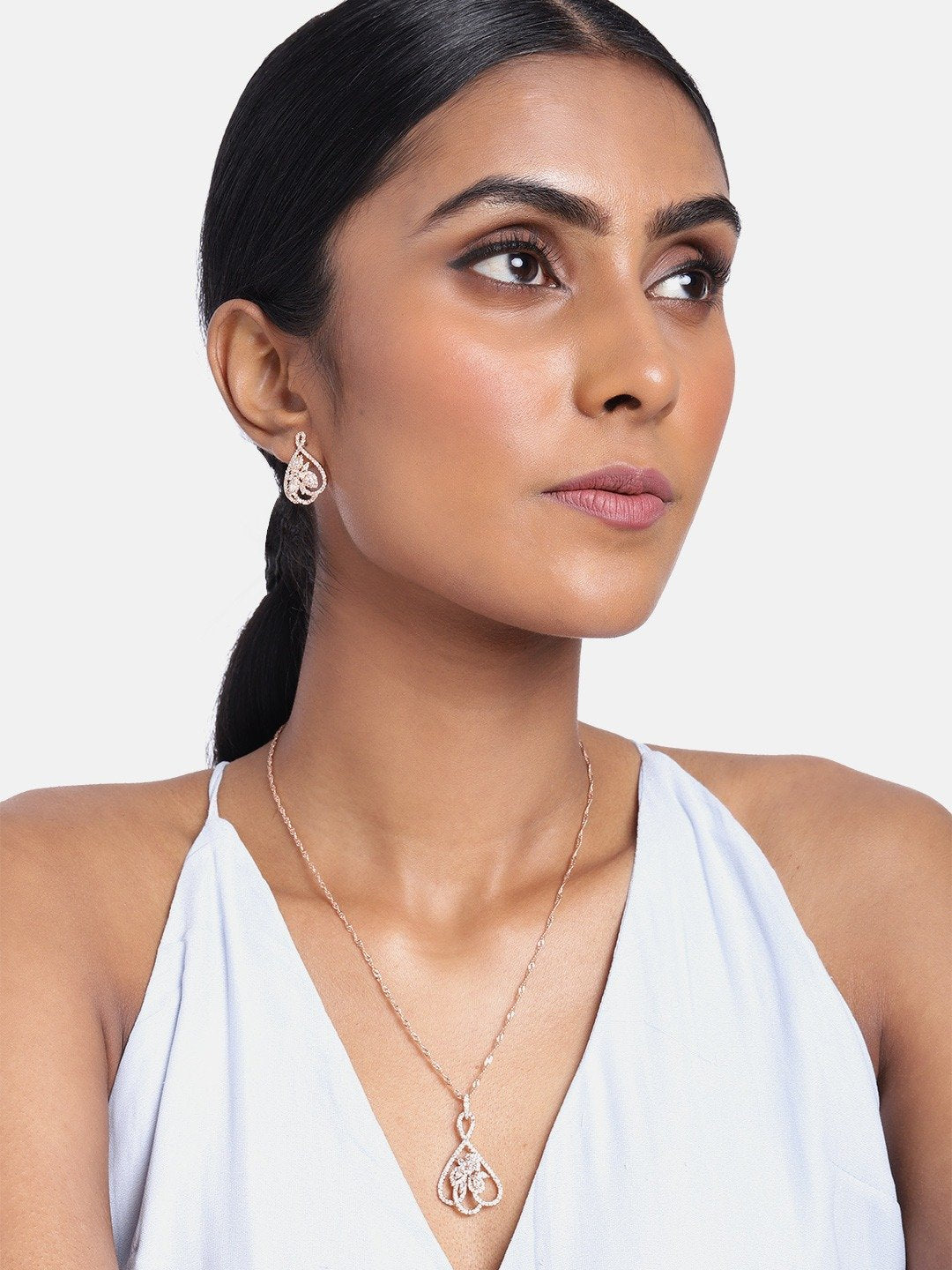Women's 18k Rose Gold Plated Pearl & Cubic Zirconia Twisted Pendant Necklace Set with Earrings