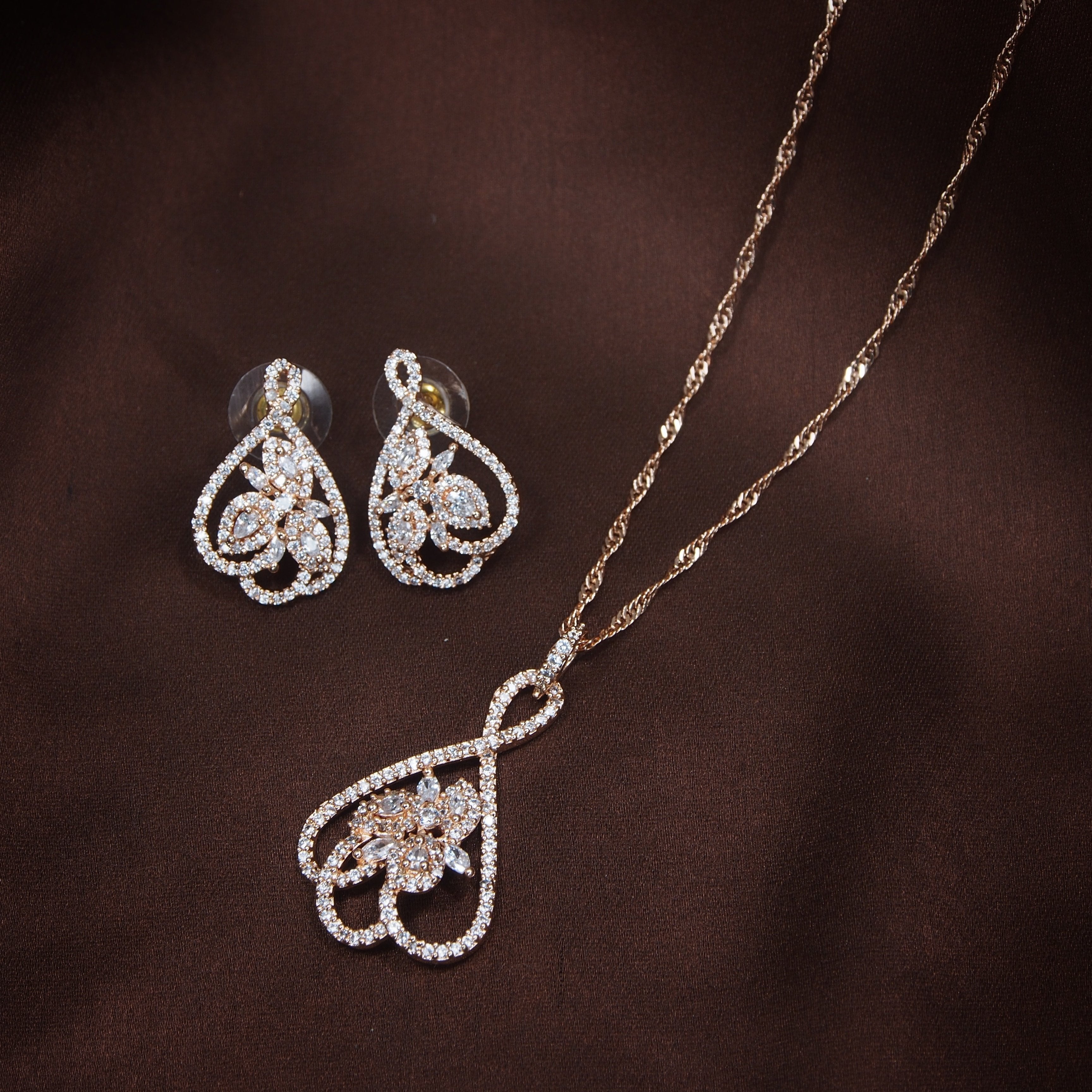 Women's 18k Rose Gold Plated Pearl & Cubic Zirconia Twisted Pendant Necklace Set with Earrings