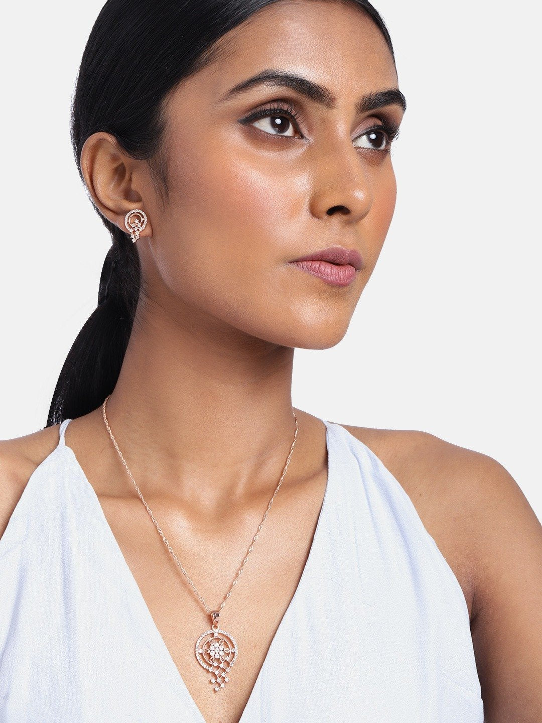 Women's 18k Rose Gold Plated Pearl & Cubic Zirconia Twisted Pendant Necklace Set with Earrings