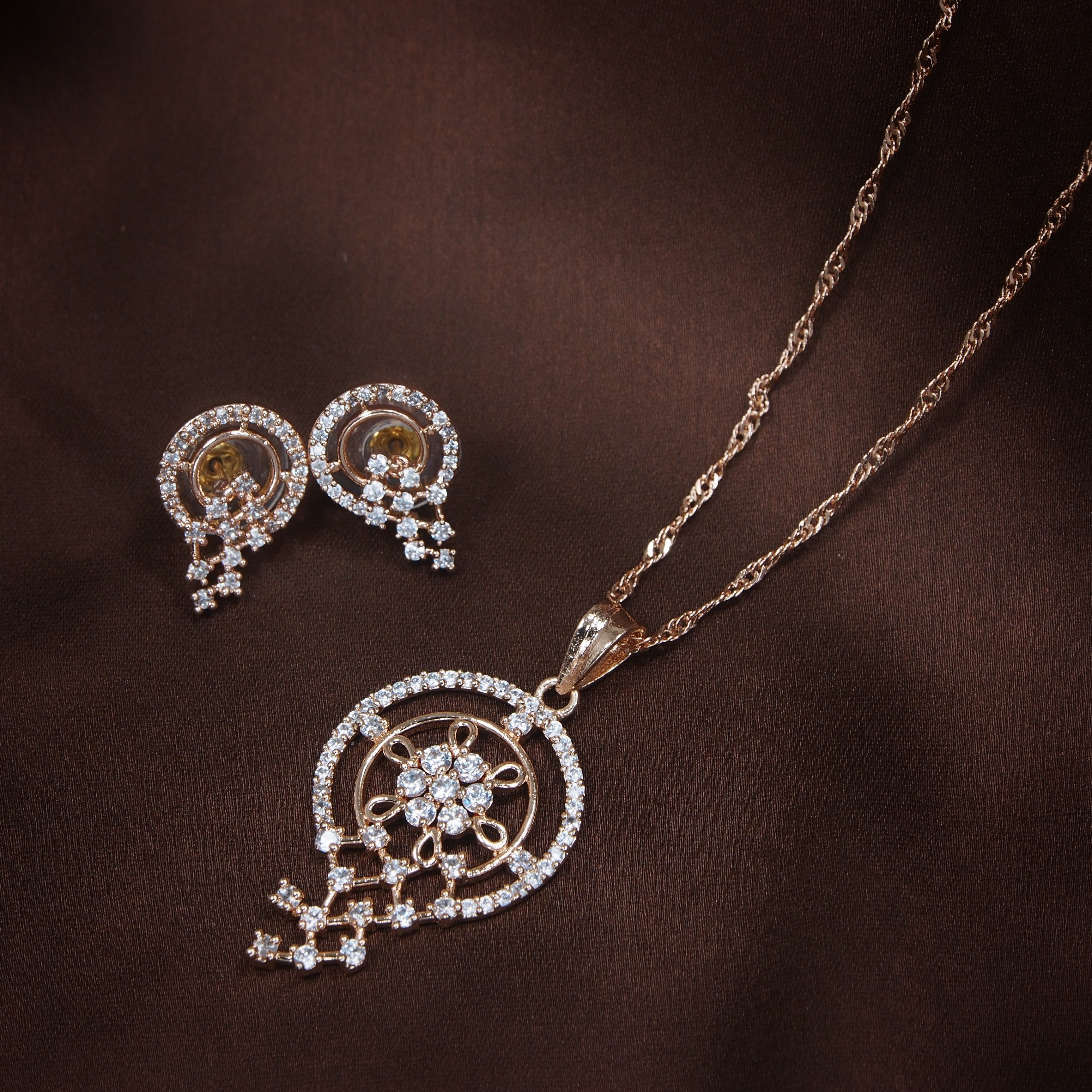 Women's 18k Rose Gold Plated Pearl & Cubic Zirconia Twisted Pendant Necklace Set with Earrings