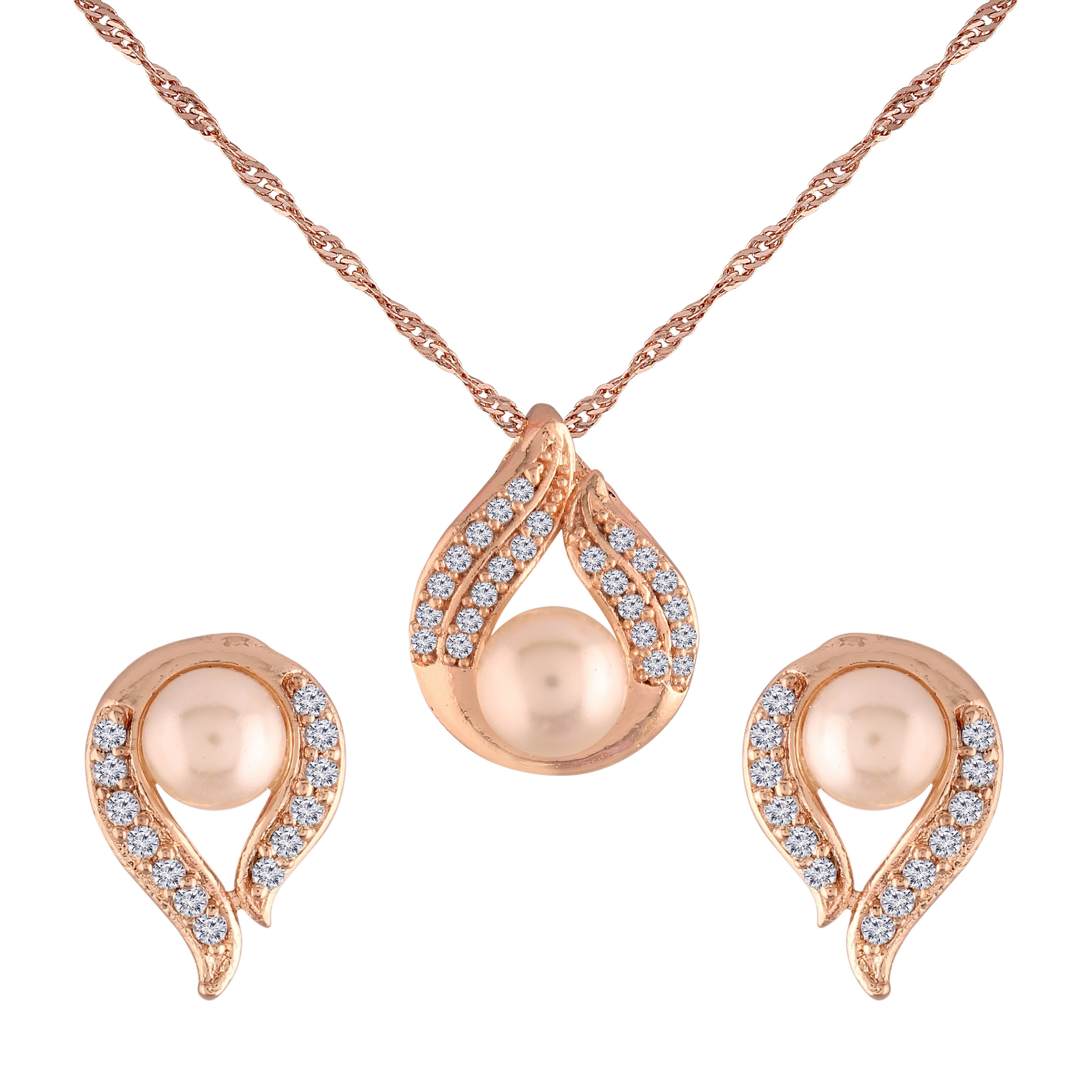 Women's 18k Rose Gold Plated Pearl & Cubic Zirconia Twisted Pendant Necklace Set with Earrings