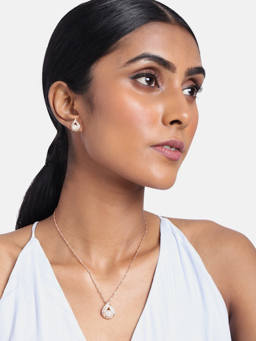 Women's 18k Rose Gold Plated Pearl & Cubic Zirconia Twisted Pendant Necklace Set with Earrings