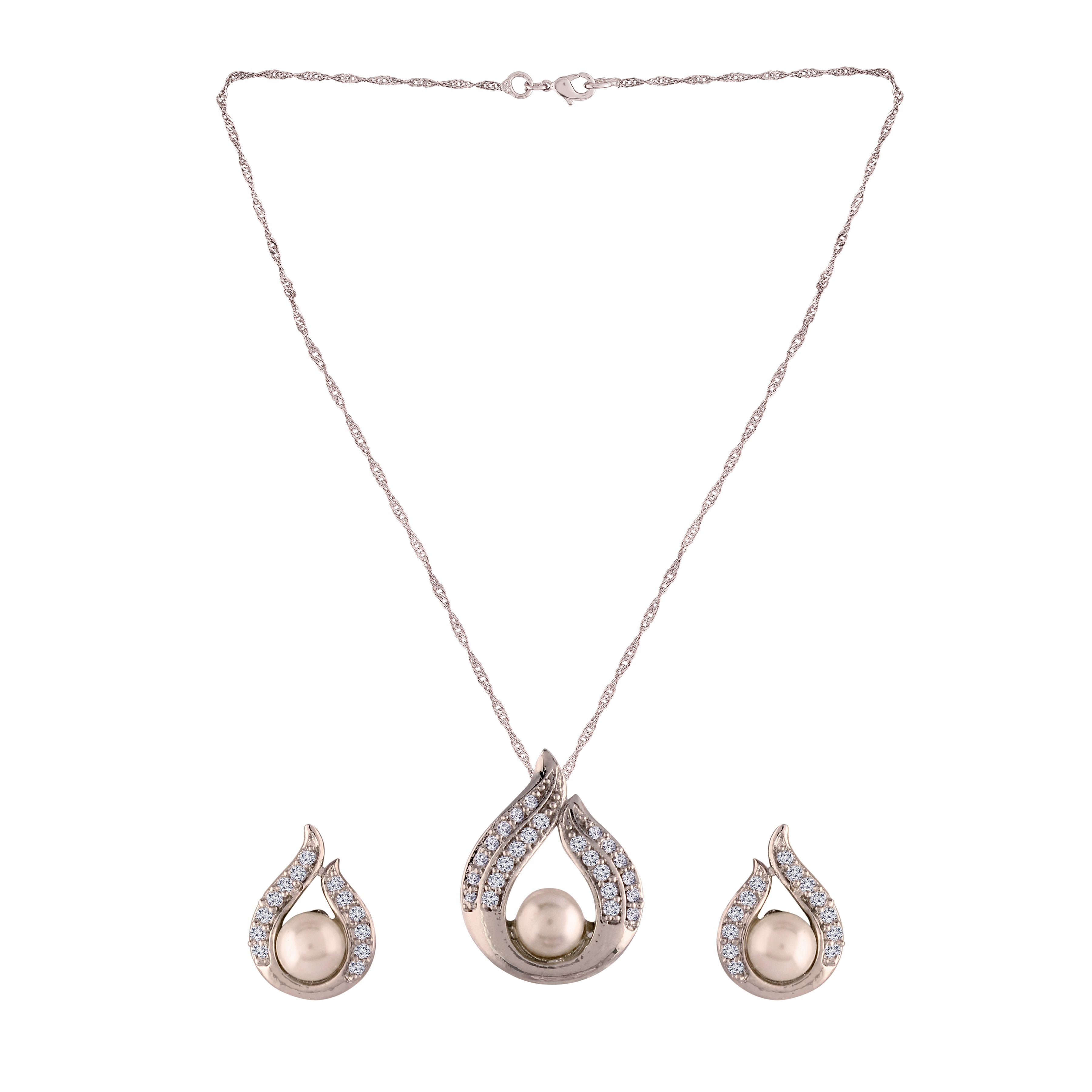 Women's 18k Rhodium Plated Pearl & Cubic Zirconia Twisted Pendant Necklace Set with Earrings