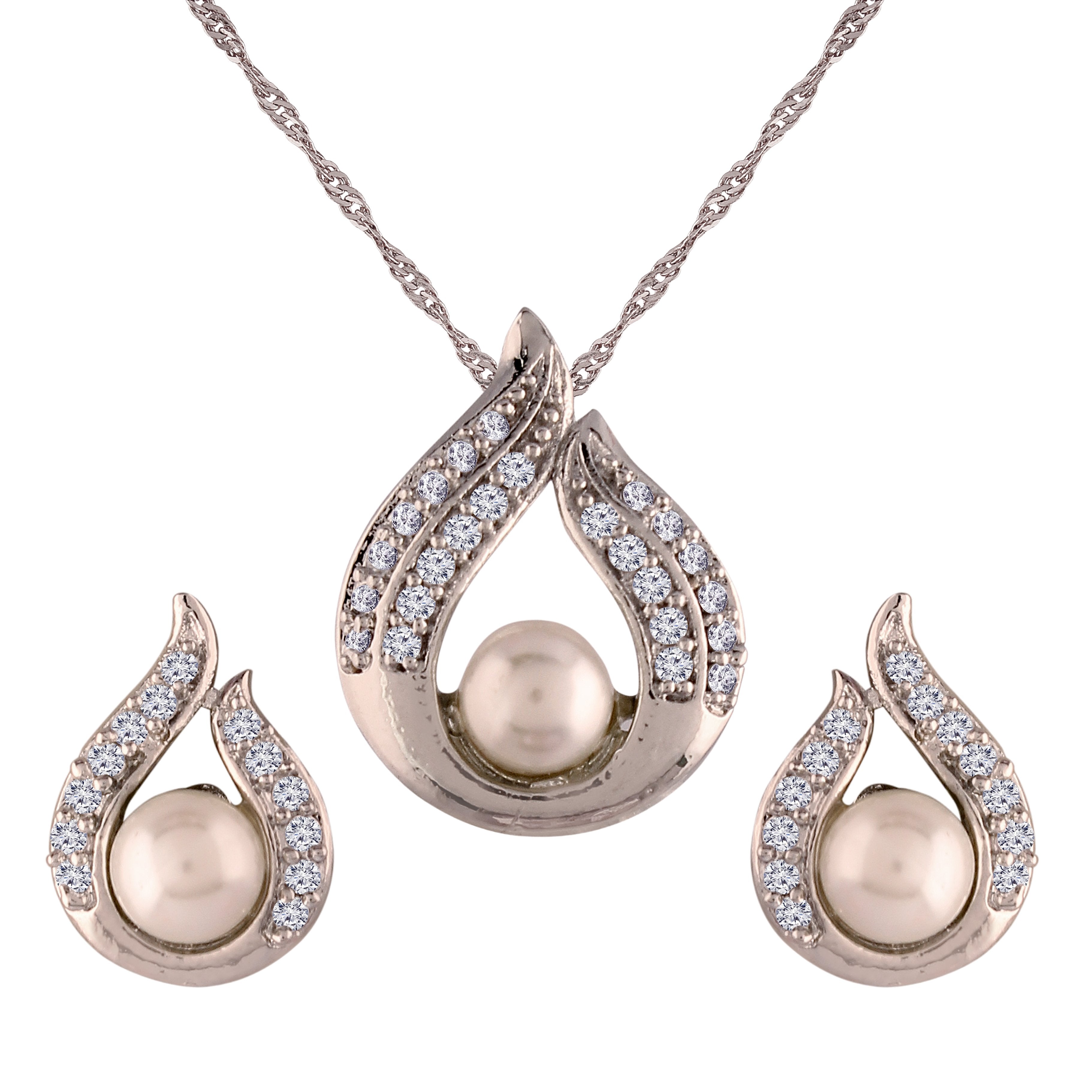 Women's 18k Rhodium Plated Pearl & Cubic Zirconia Twisted Pendant Necklace Set with Earrings
