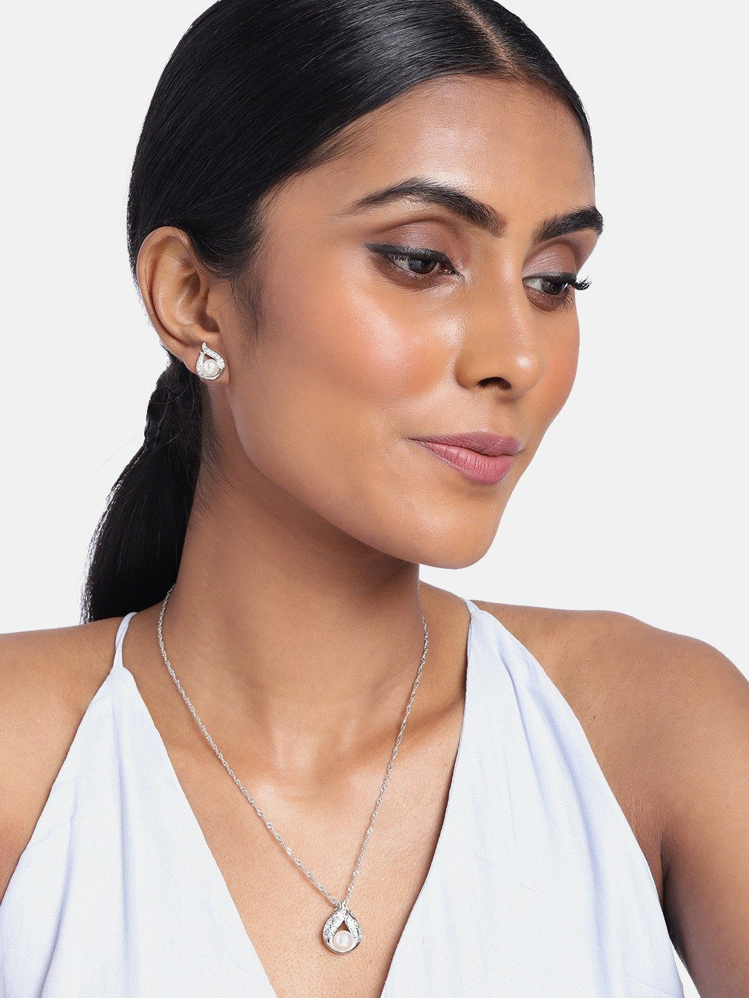 Women's 18k Rhodium Plated Pearl & Cubic Zirconia Twisted Pendant Necklace Set with Earrings