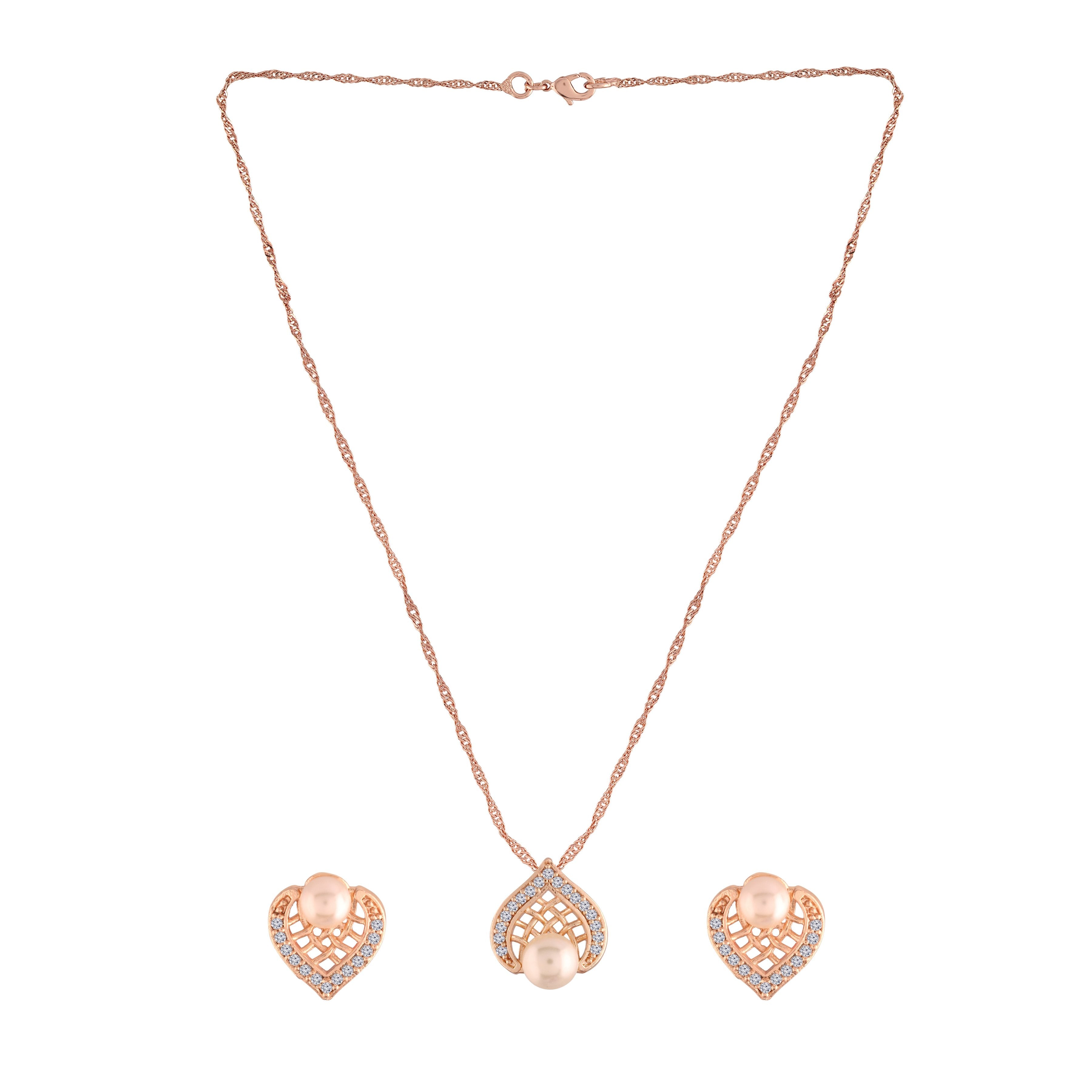 Women's 18k Rose Gold Plated Pearl & Cubic Zirconia Twisted Pendant Necklace Set with Earrings
