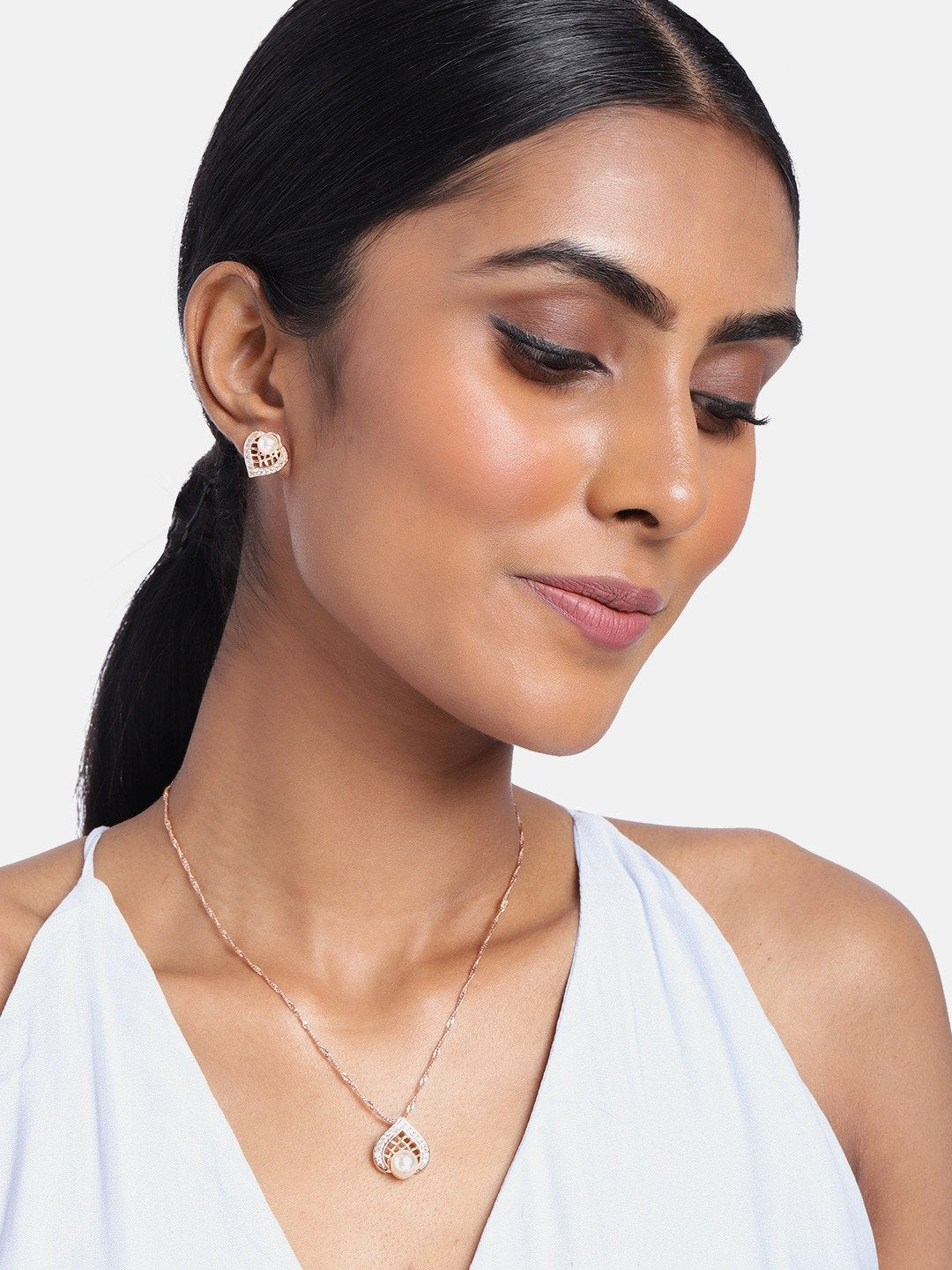 Women's 18k Rose Gold Plated Pearl & Cubic Zirconia Twisted Pendant Necklace Set with Earrings