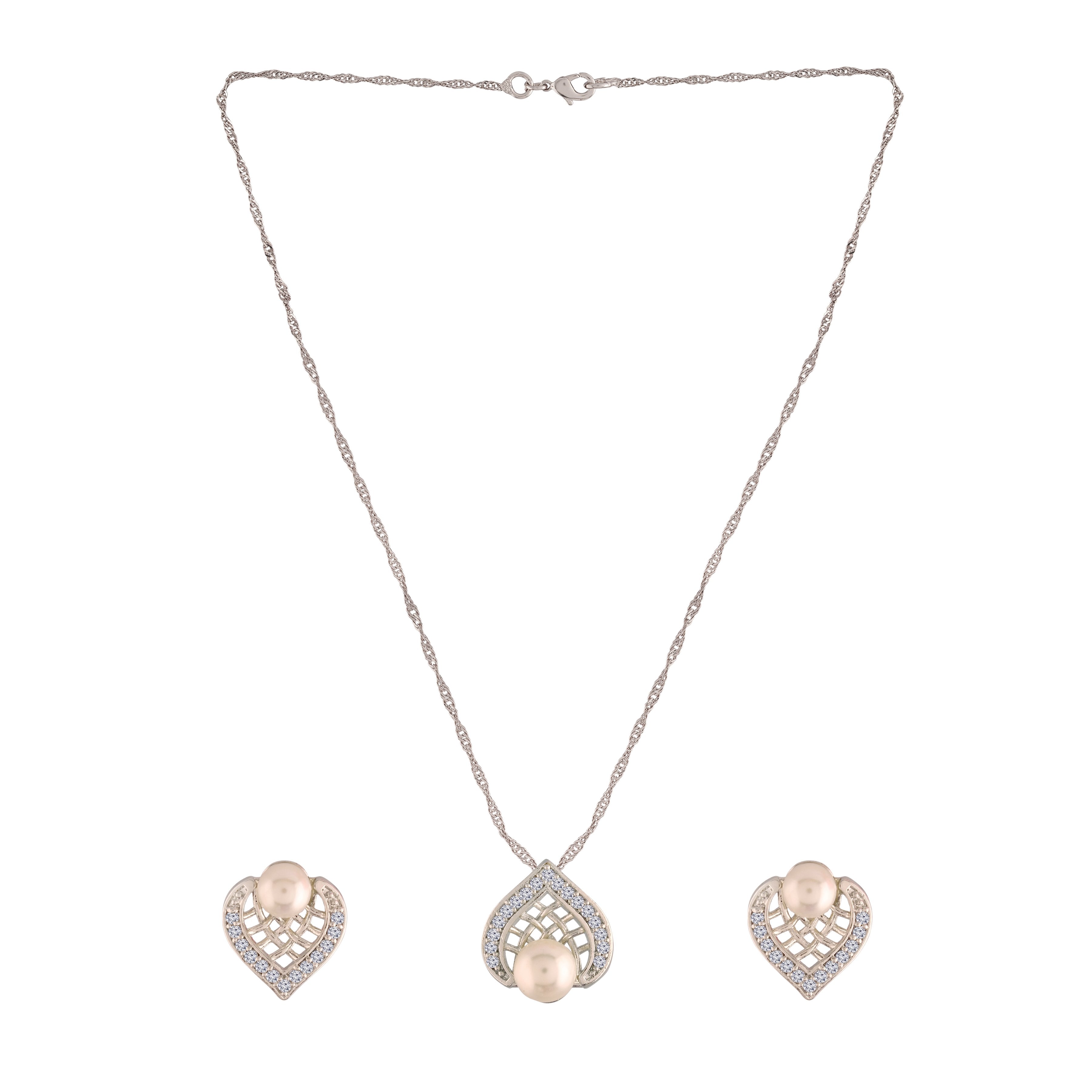 Women's 18k Rhodium Plated Pearl & Cubic Zirconia Twisted Pendant Necklace Set with Earrings