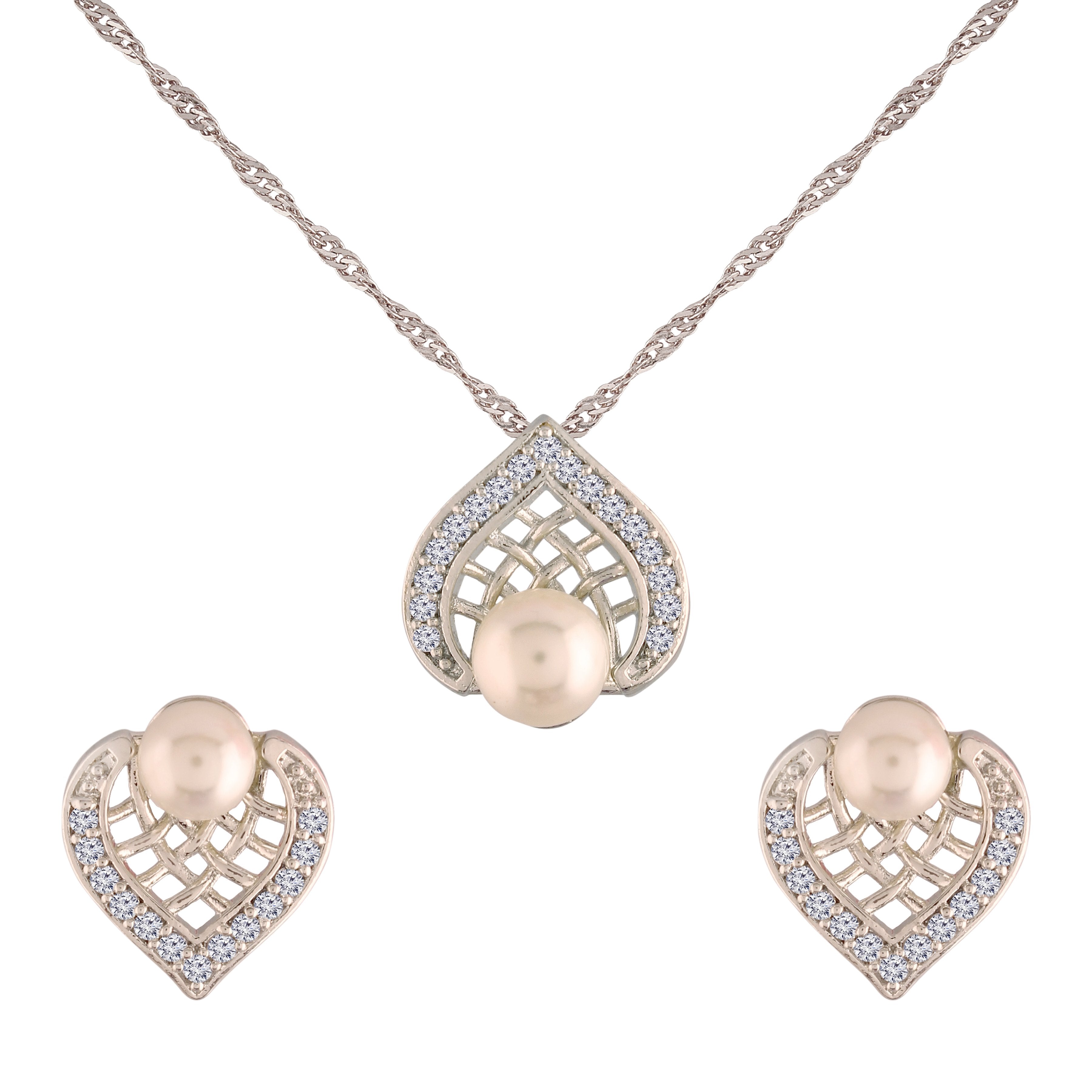 Women's 18k Rhodium Plated Pearl & Cubic Zirconia Twisted Pendant Necklace Set with Earrings