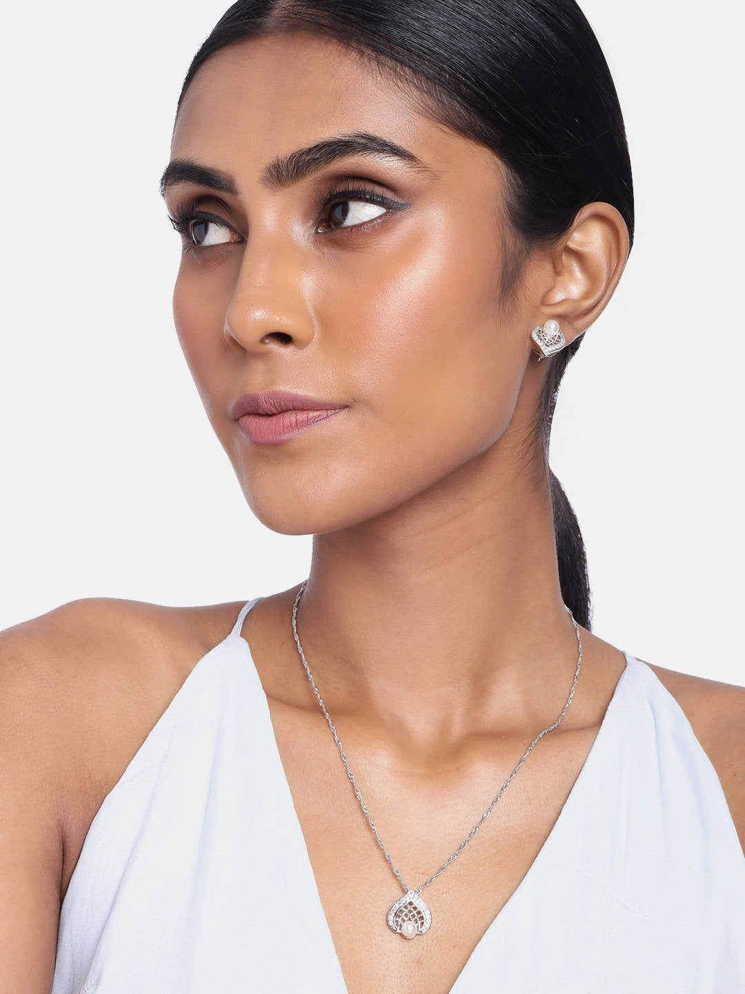 Women's 18k Rhodium Plated Pearl & Cubic Zirconia Twisted Pendant Necklace Set with Earrings