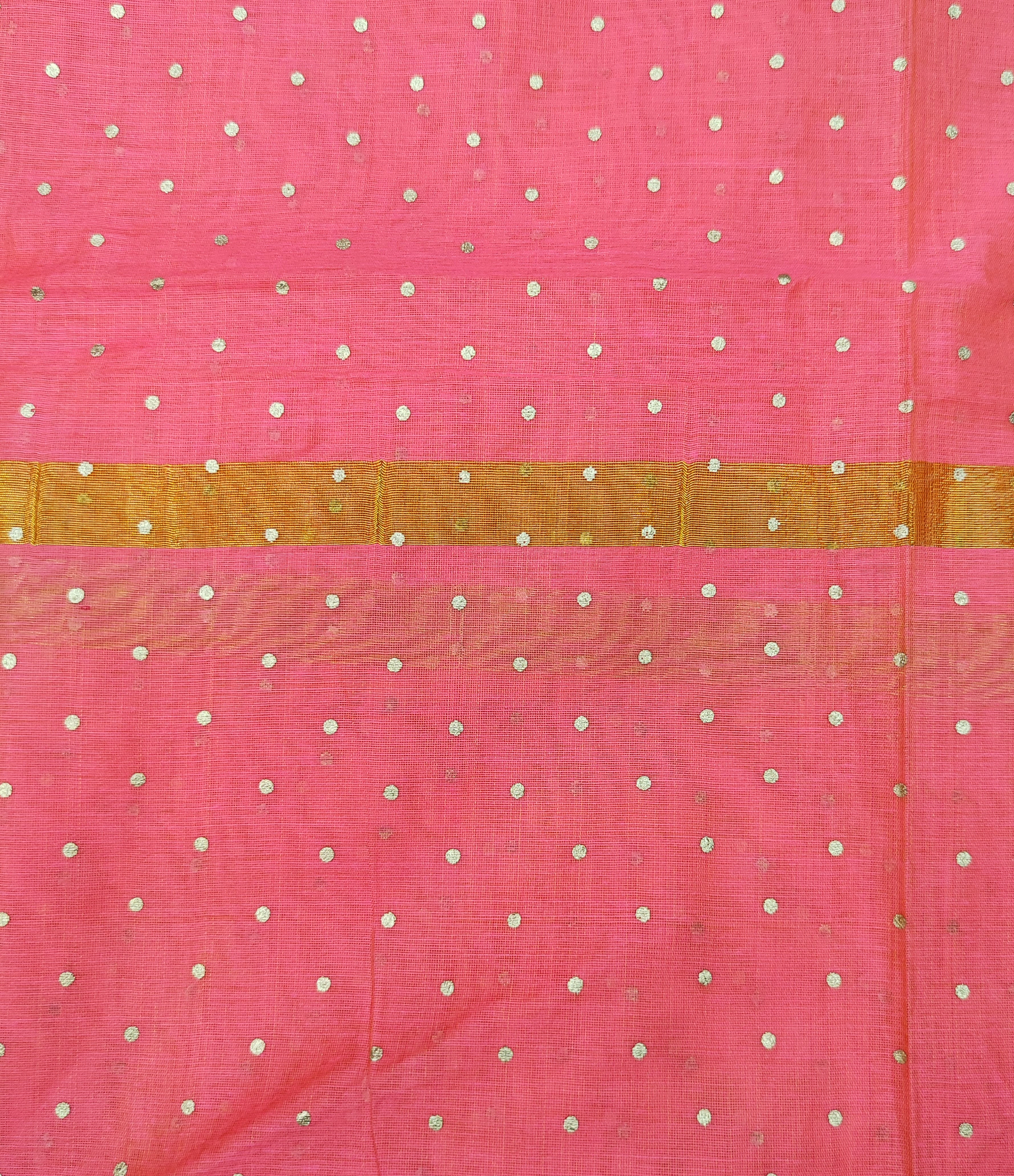 Women's Baby Pink Self Woven Gold Zari Polka Dots Cotton Silk Dupatta With Tassles - NIMIDHYA