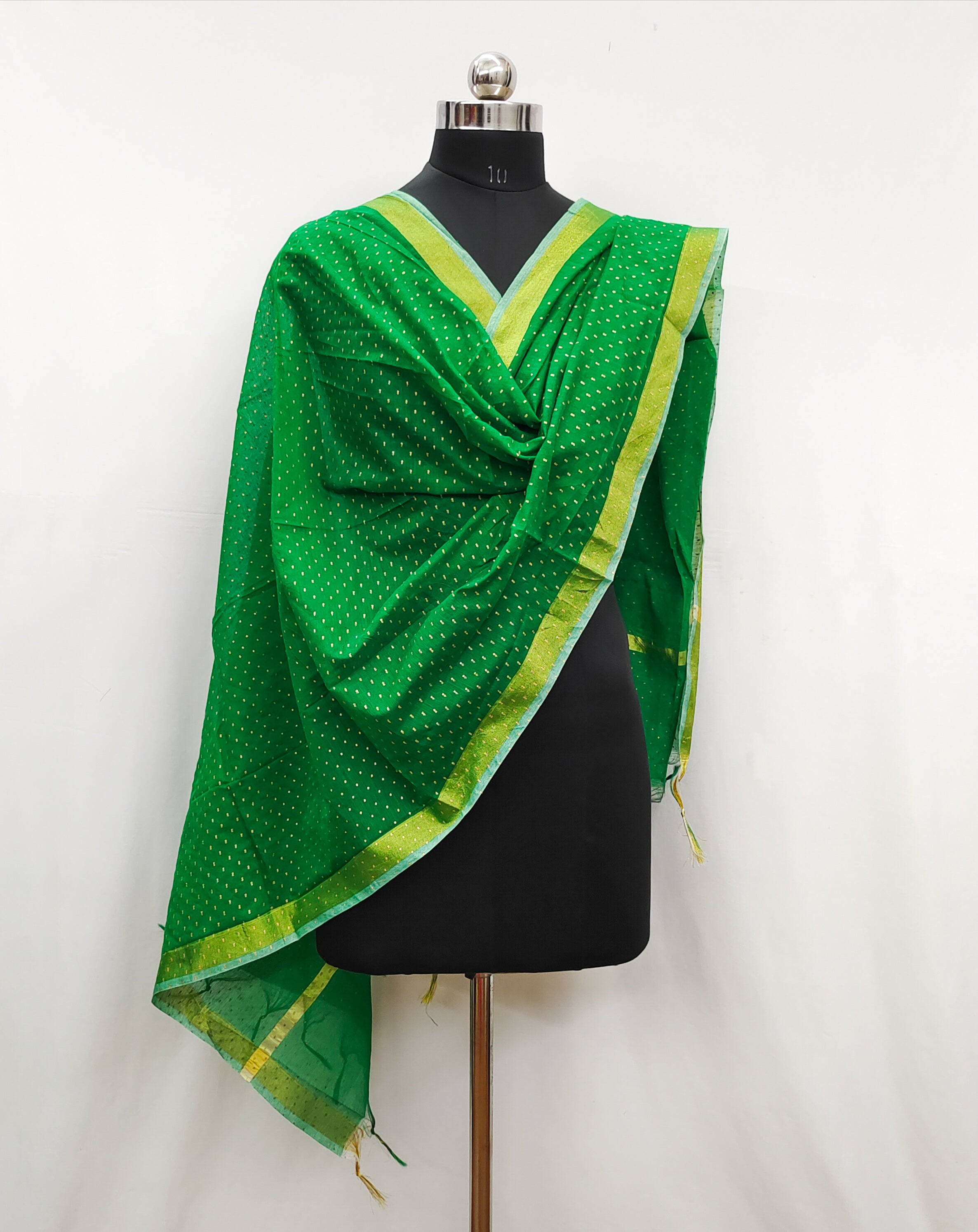 Women's Green Self Woven Gold Zari Polka Dots Cotton Silk Dupatta With Tassles - NIMIDHYA