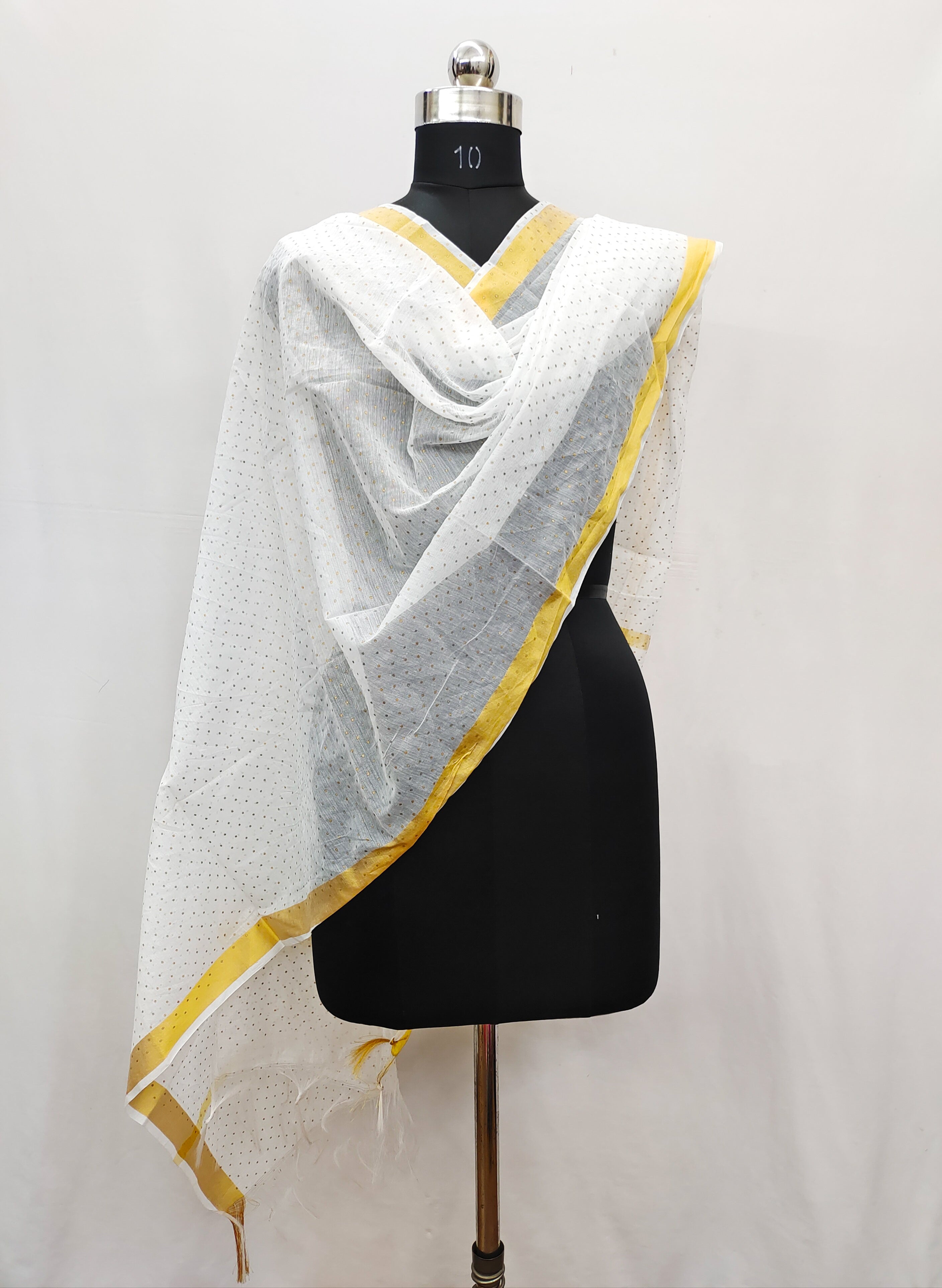 Women's White Self Woven Gold Zari Polka Dots Cotton Silk Dupatta With Tassles - NIMIDHYA