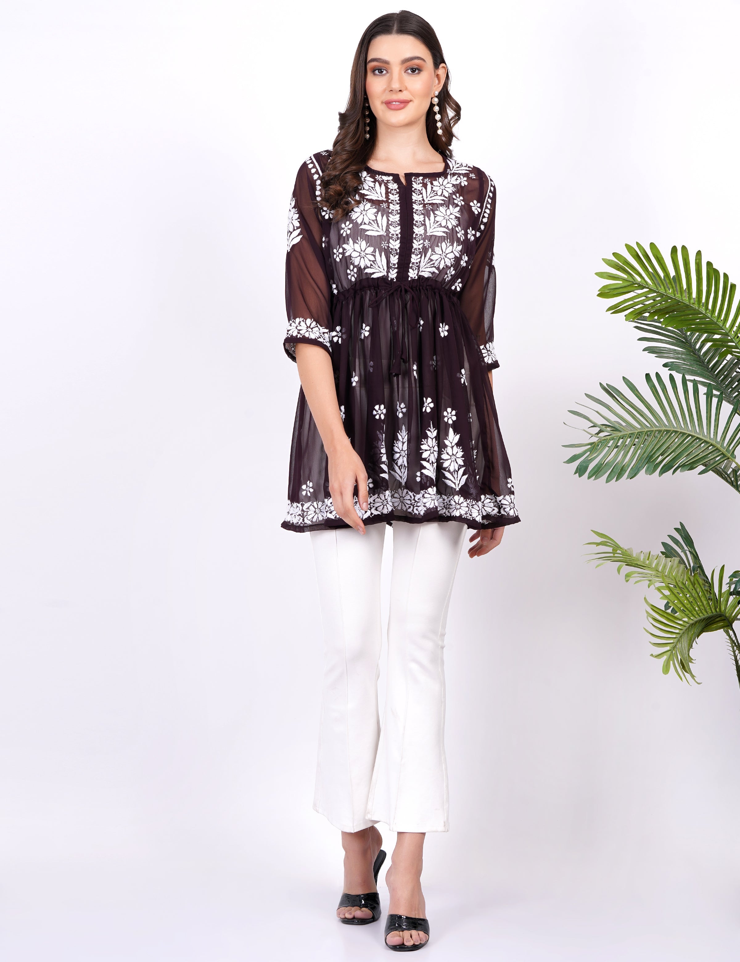 Women's Georgette Brown Peplum Chikankari Dress