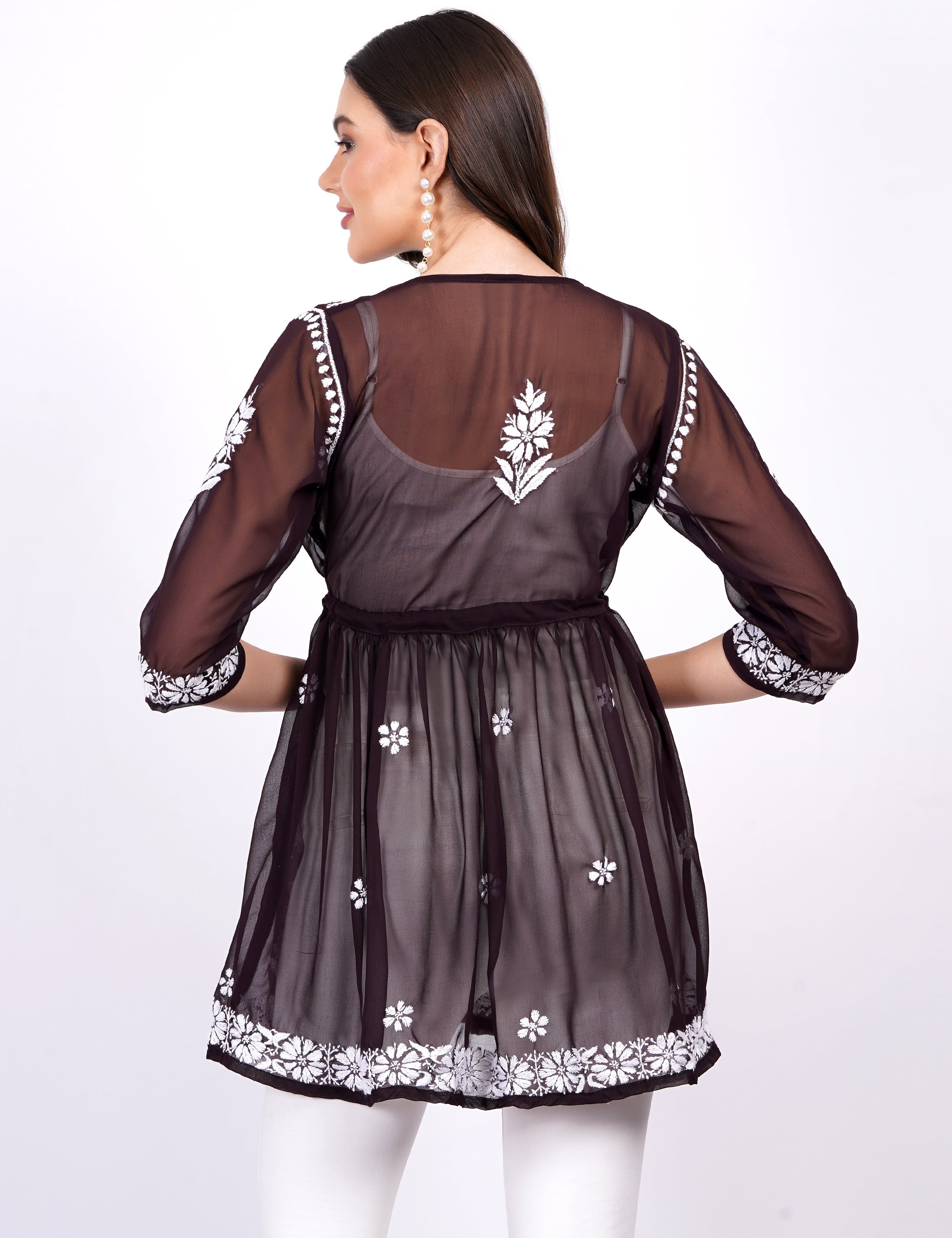 Women's Georgette Brown Peplum Chikankari Dress