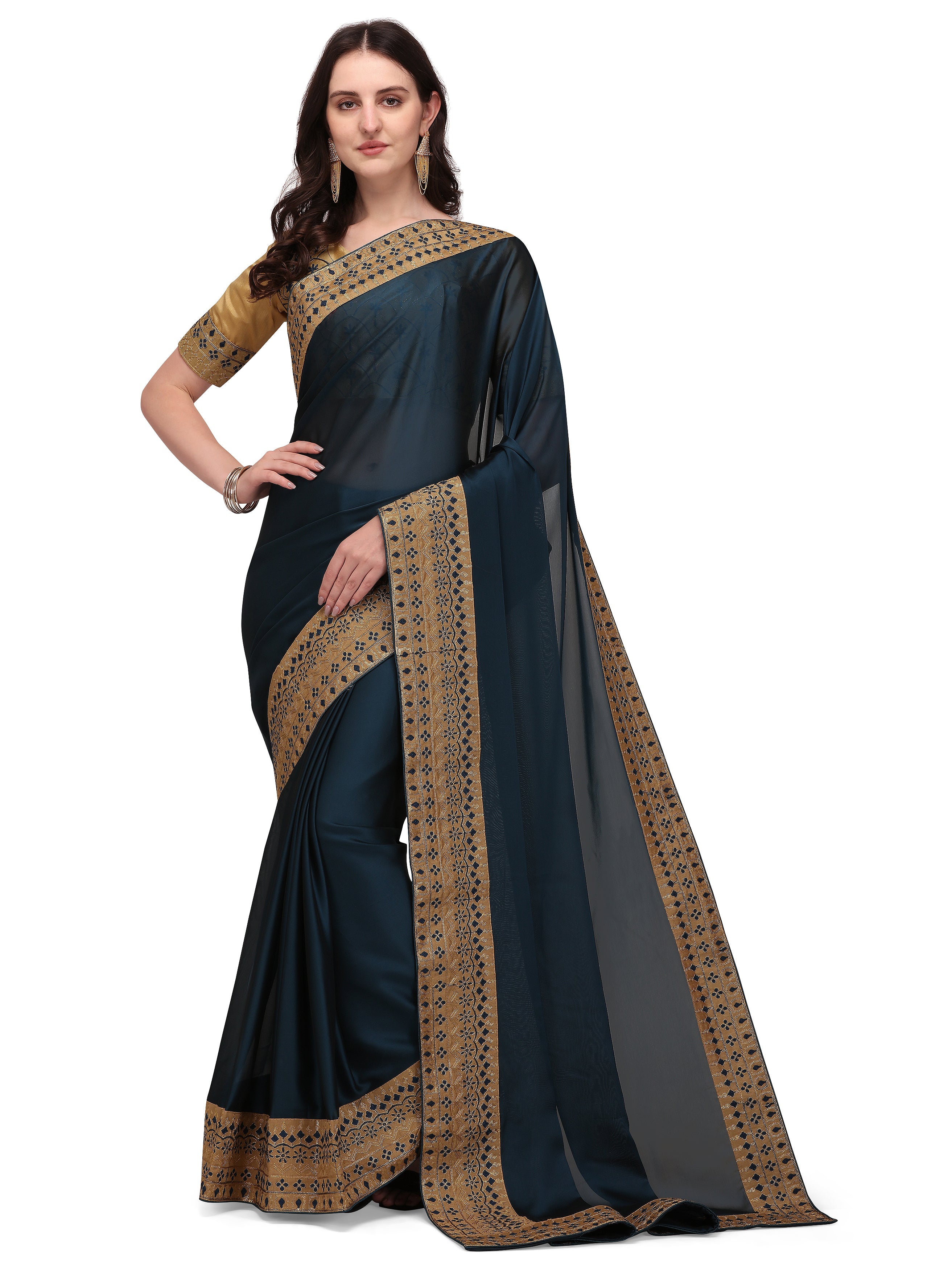 Women's self Woven Solid Occasion Wear Cotton Silk Embroided Heavy Border Sari With Blouse Piece (Blue) - NIMIDHYA