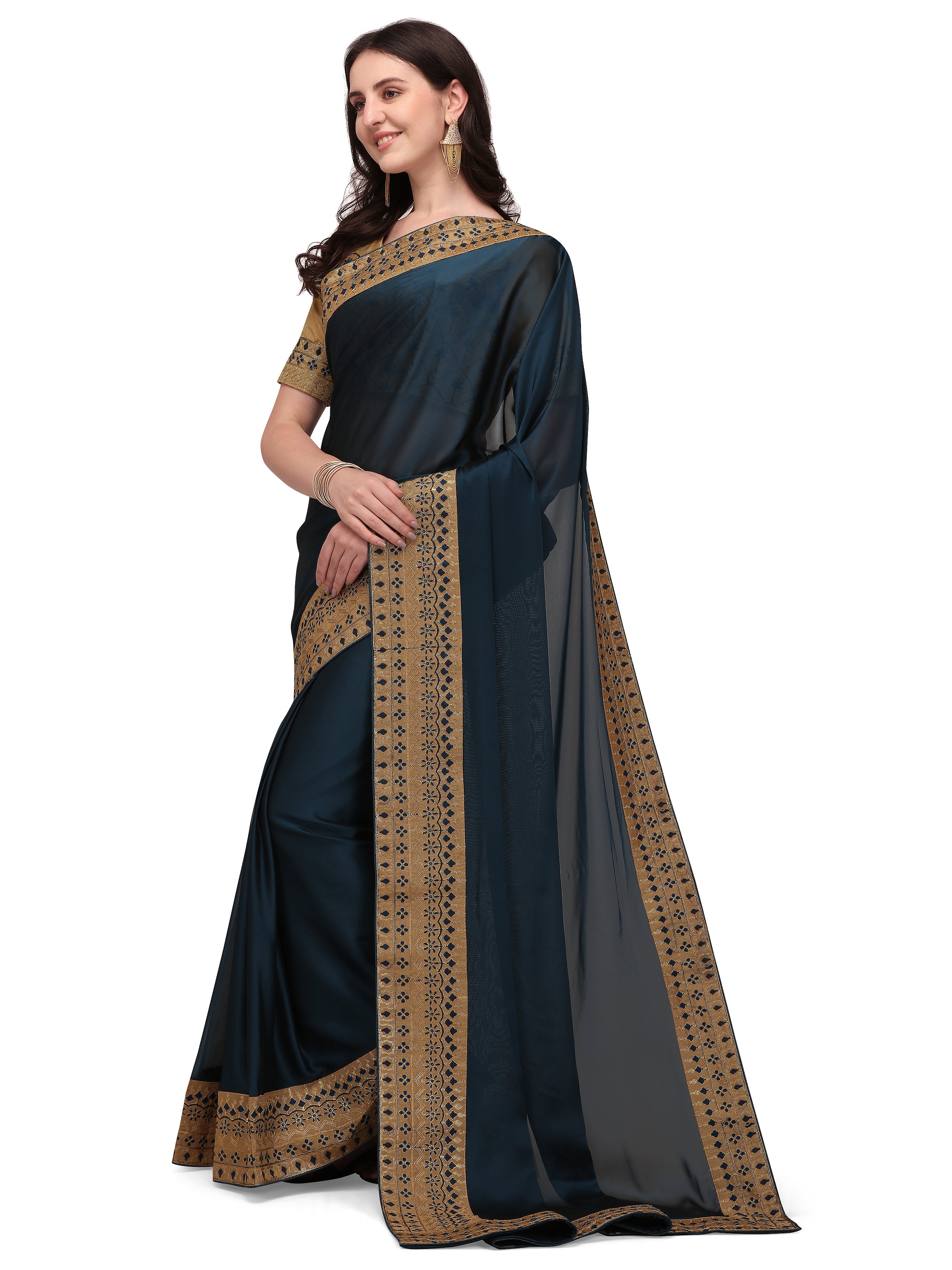Women's self Woven Solid Occasion Wear Cotton Silk Embroided Heavy Border Sari With Blouse Piece (Blue) - NIMIDHYA