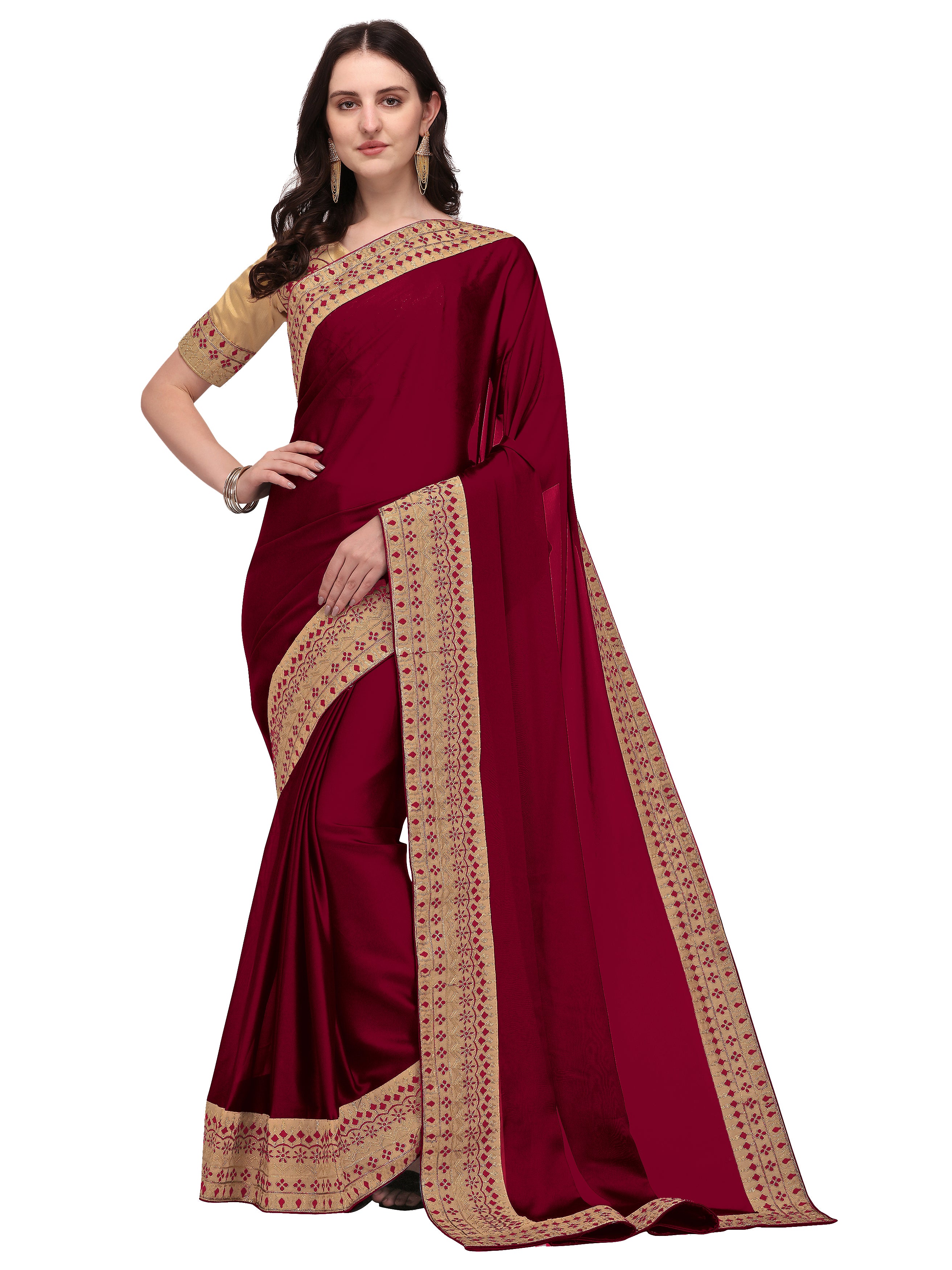 Women's self Woven Solid Occasion Wear Cotton Silk Embroided Heavy Border Sari With Blouse Piece (Maroon) - NIMIDHYA