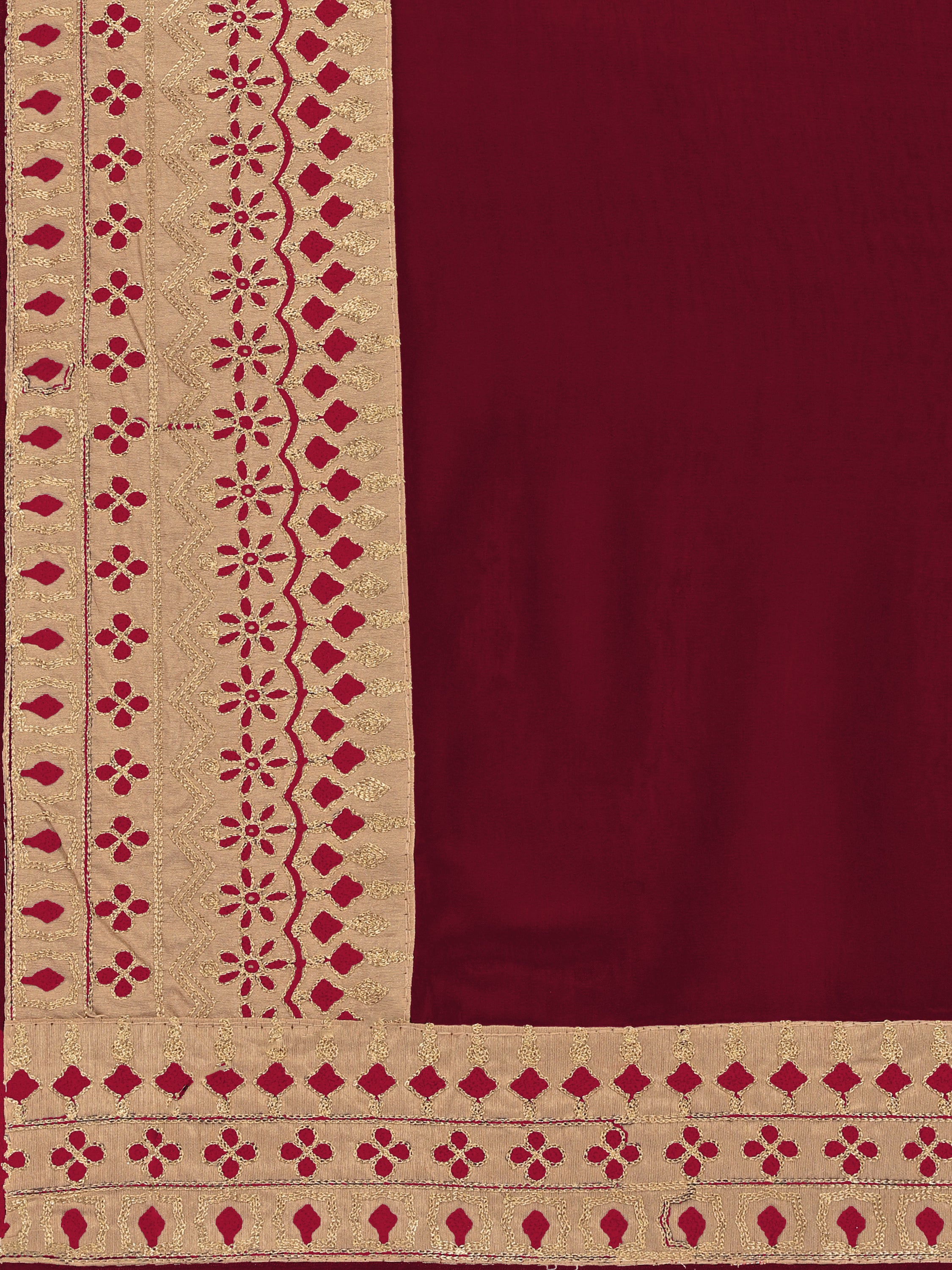Women's self Woven Solid Occasion Wear Cotton Silk Embroided Heavy Border Sari With Blouse Piece (Maroon) - NIMIDHYA
