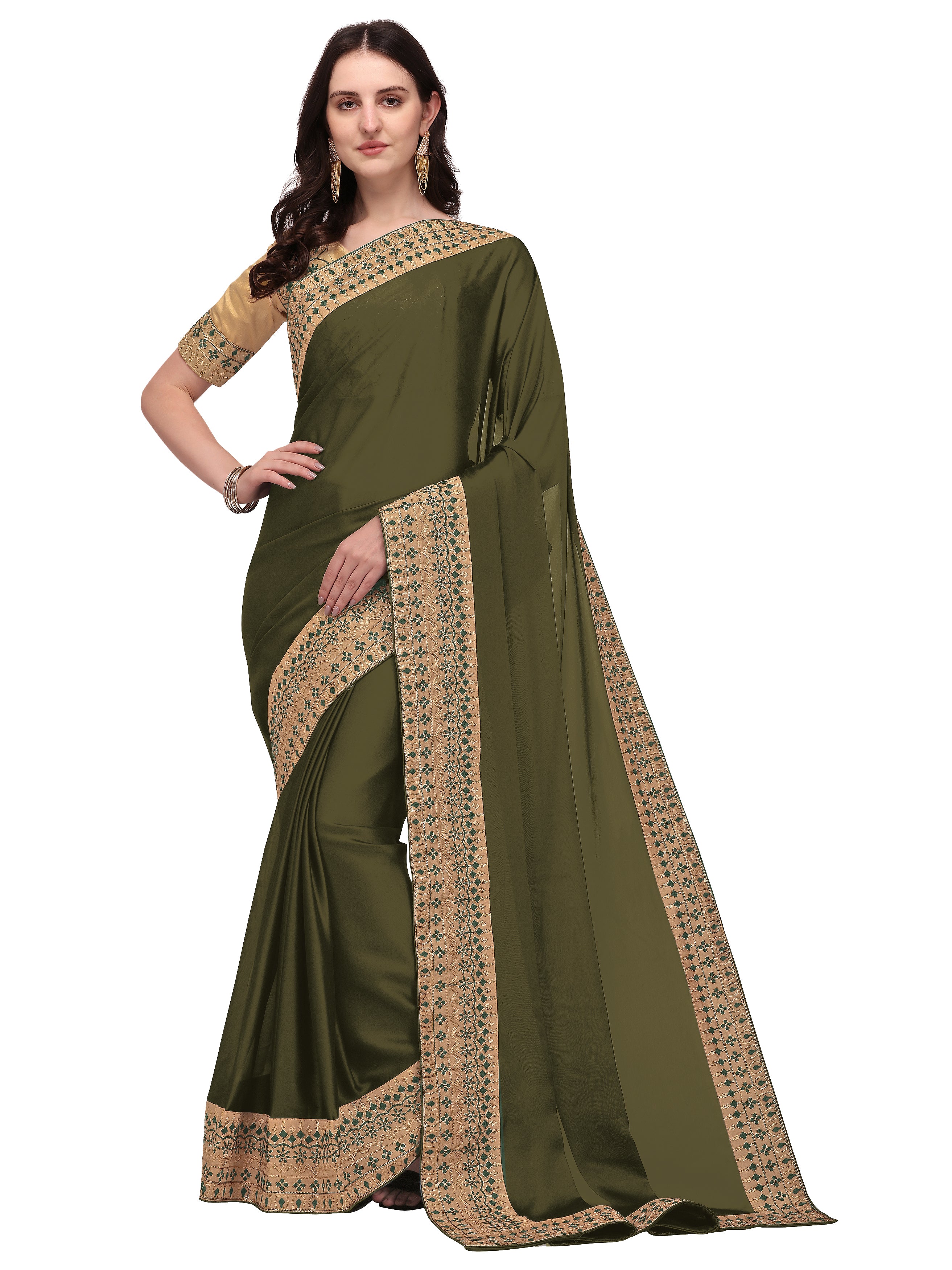 Women's self Woven Solid Occasion Wear Cotton Silk Embroided Heavy Border Sari With Blouse Piece (Mehandi Green) - NIMIDHYA