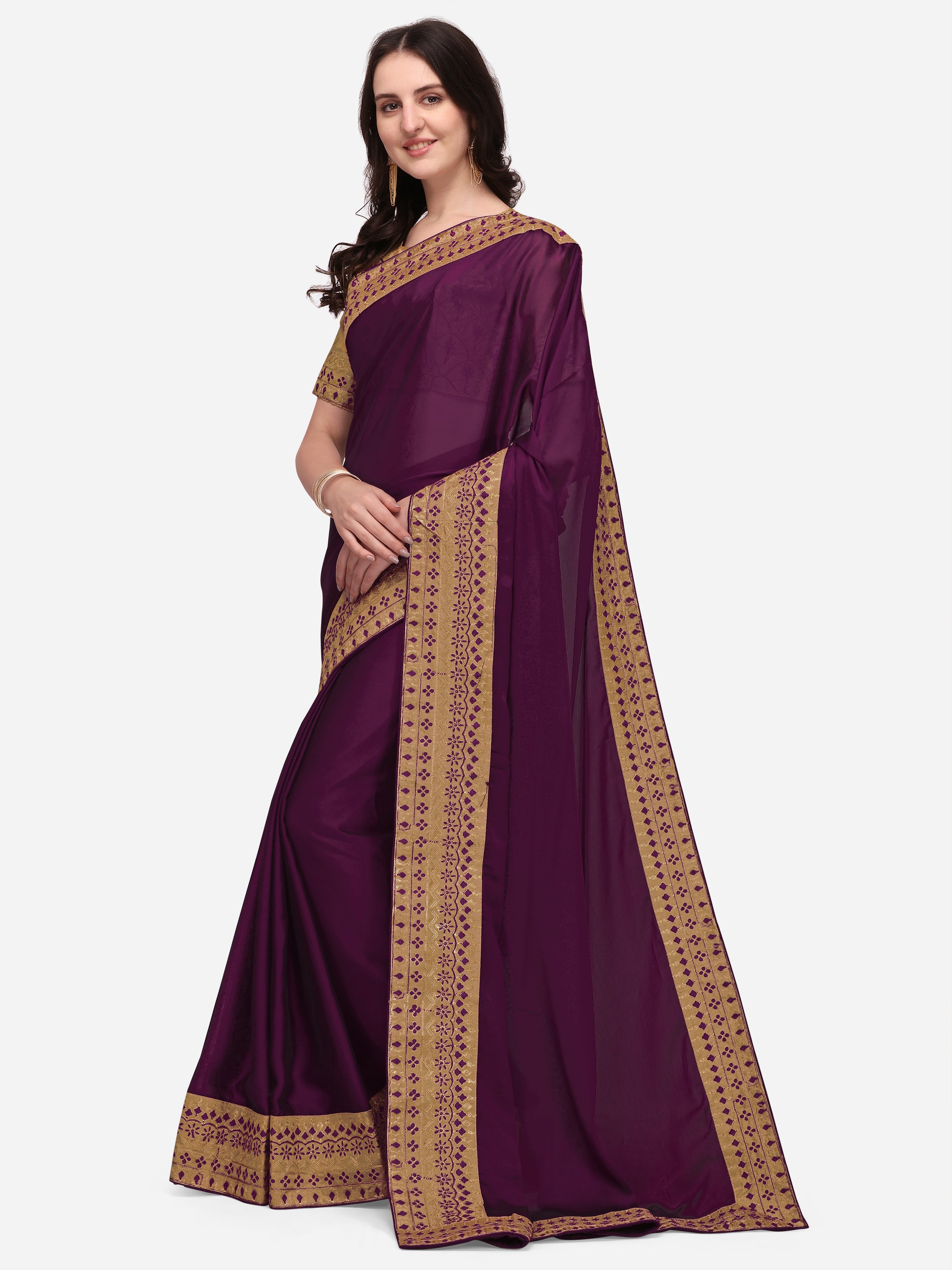 Women's self Woven Solid Occasion Wear Cotton Silk Embroided Heavy Border Sari With Blouse Piece (Purple) - NIMIDHYA